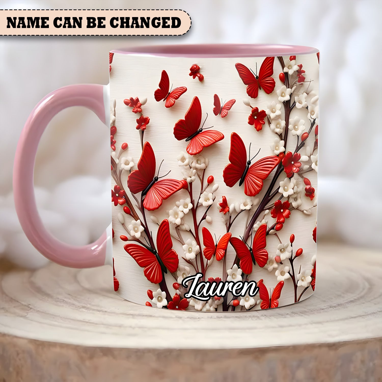 Personalized Accent Mug Red White Butterfly Flowers Accent Mug Novelty Butterfly Presents - Image 5