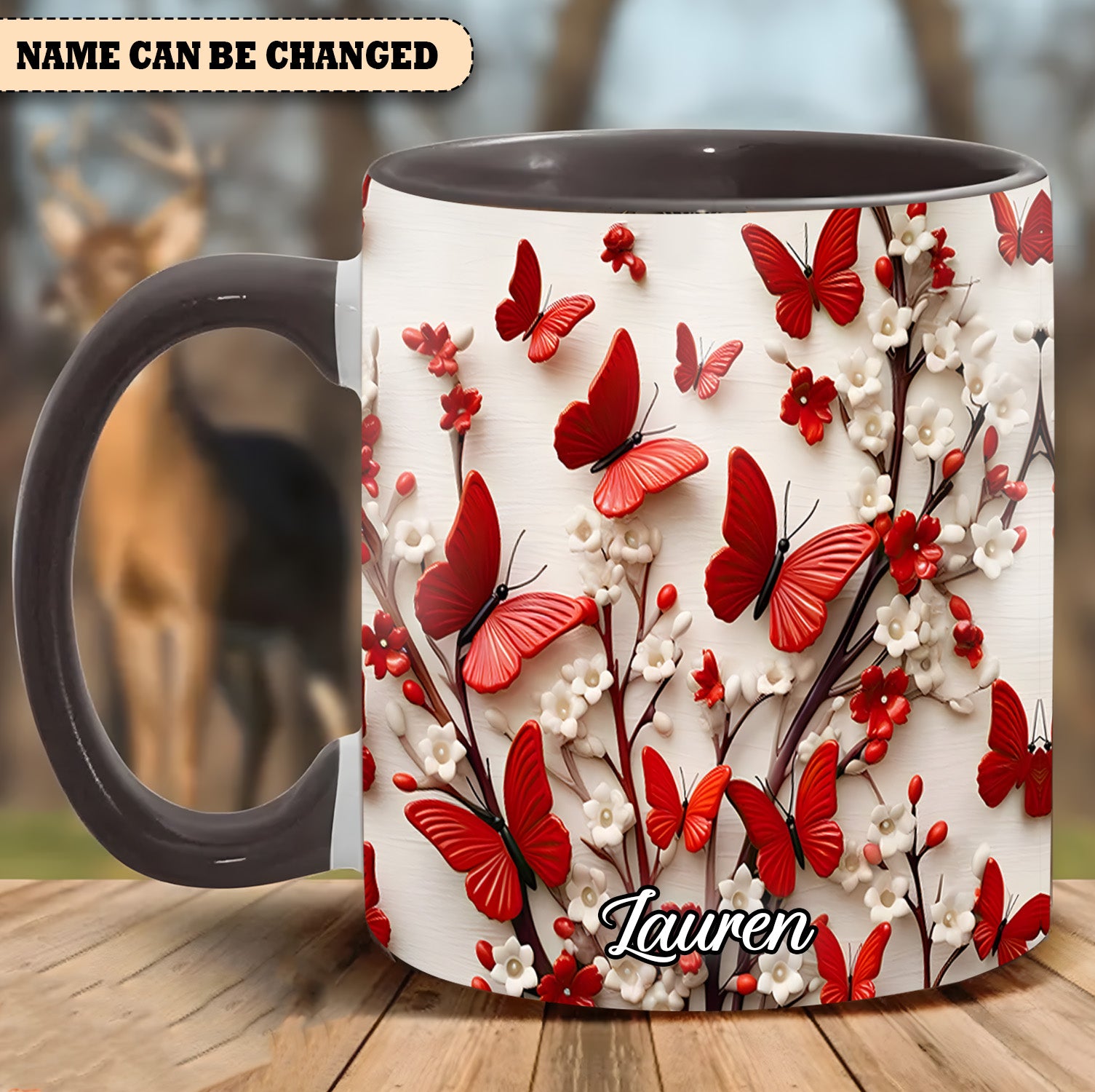 Personalized Accent Mug Red White Butterfly Flowers Accent Mug Novelty Butterfly Presents - Image 3