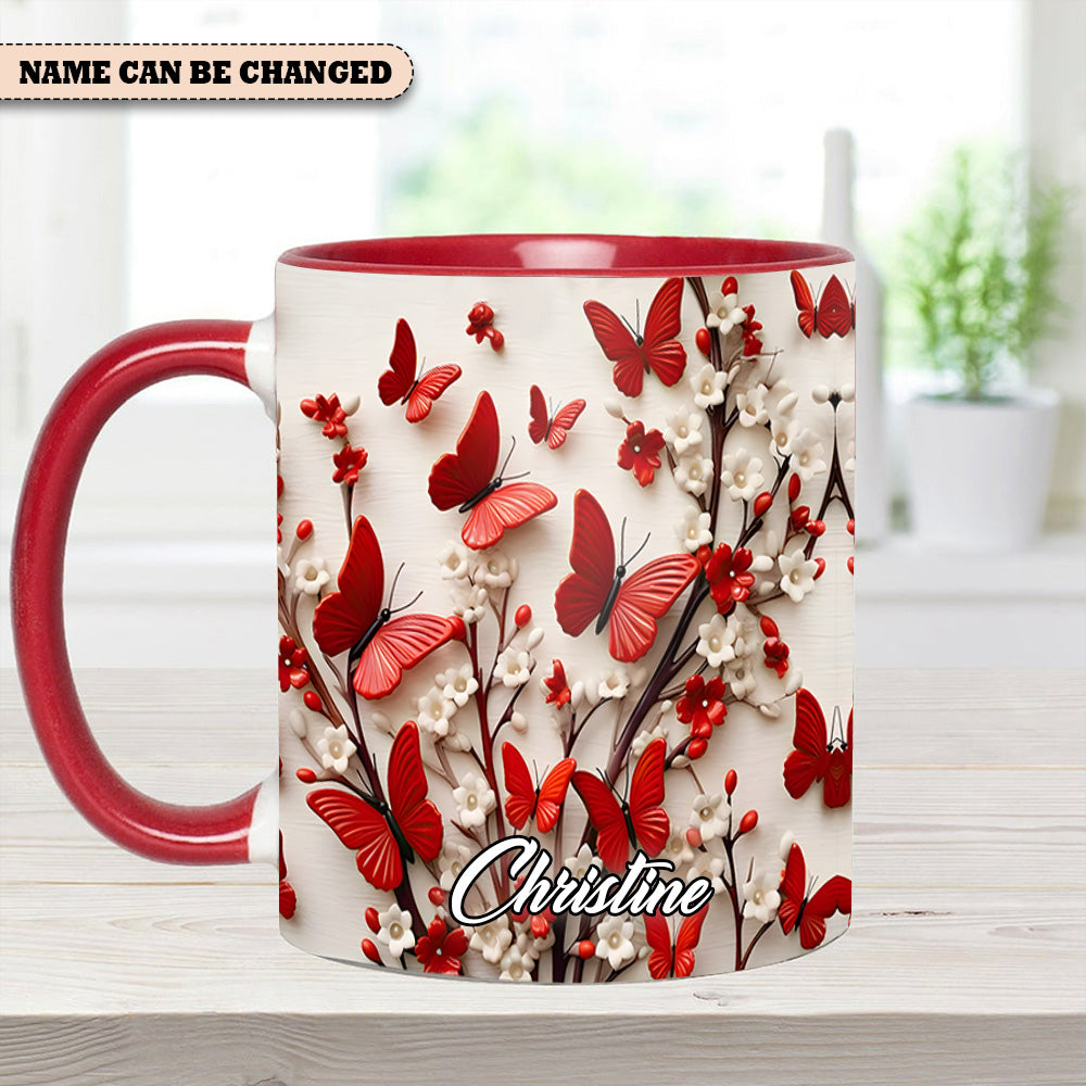 Personalized Accent Mug Red White Butterfly Flowers Accent Mug Novelty Butterfly Presents - Image 2