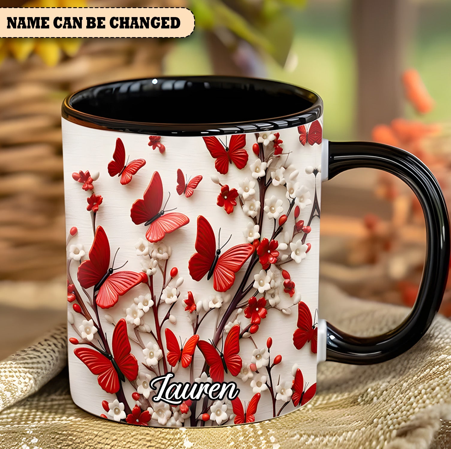 Personalized Accent Mug Red White Butterfly Flowers Accent Mug Novelty Butterfly Presents - Image 7