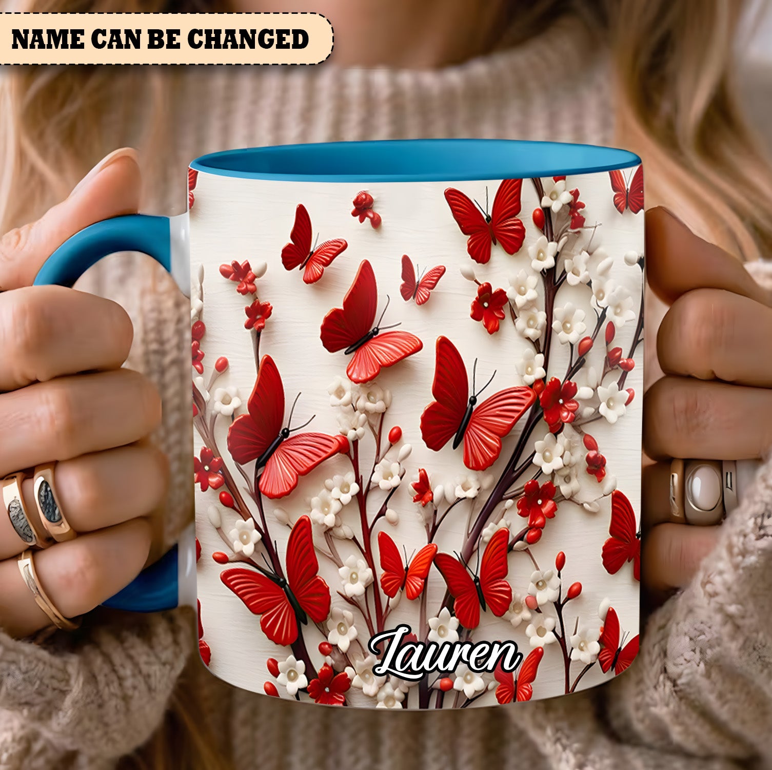 Personalized Accent Mug Red White Butterfly Flowers Accent Mug Novelty Butterfly Presents - Image 4