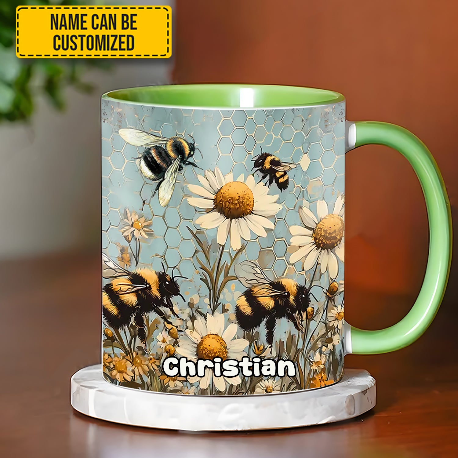 Personalized Bee Accent Mug Vintage Garden Bee Floral Daisy Bee Related Gifts For Dad - Image 2