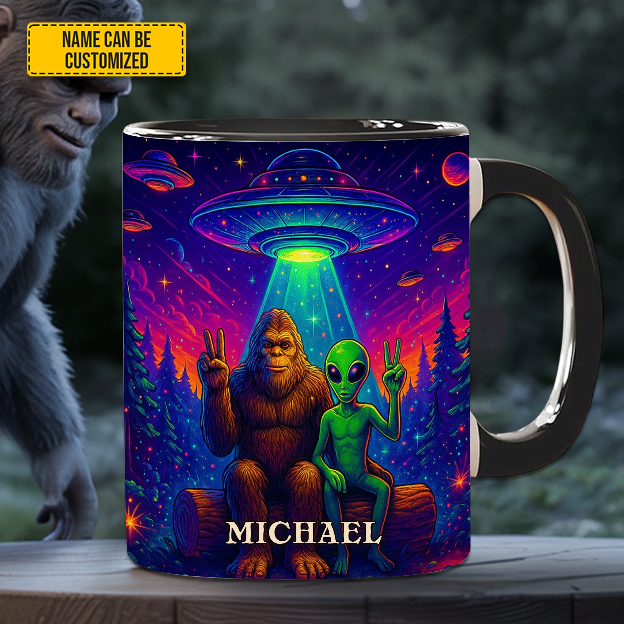 Personalized Bigfoot & Alien Accent Mug Intergalactic Buddies Gifts For Sasquatch Lovers