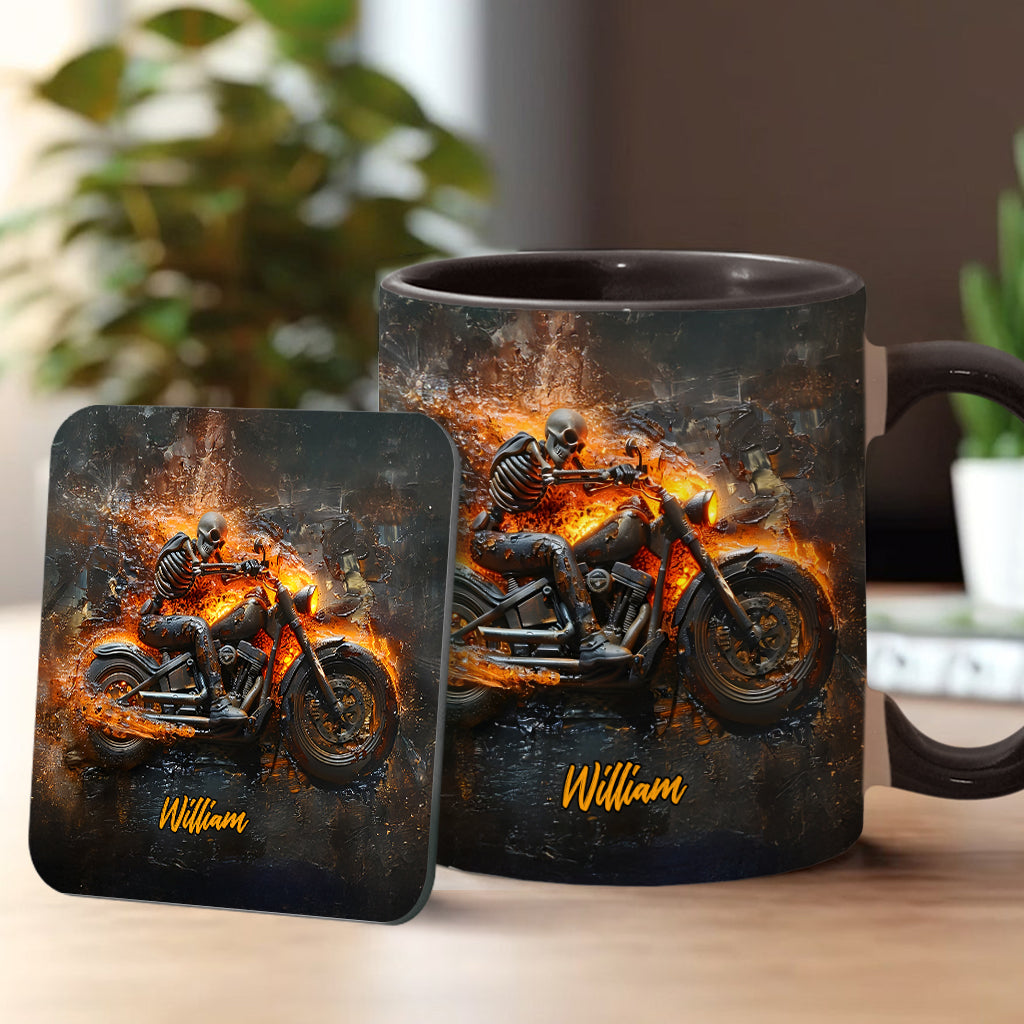 Personalized Biker Accent Mug Skeleton Riding Flaming Motorcycle Gift For Road Warriors