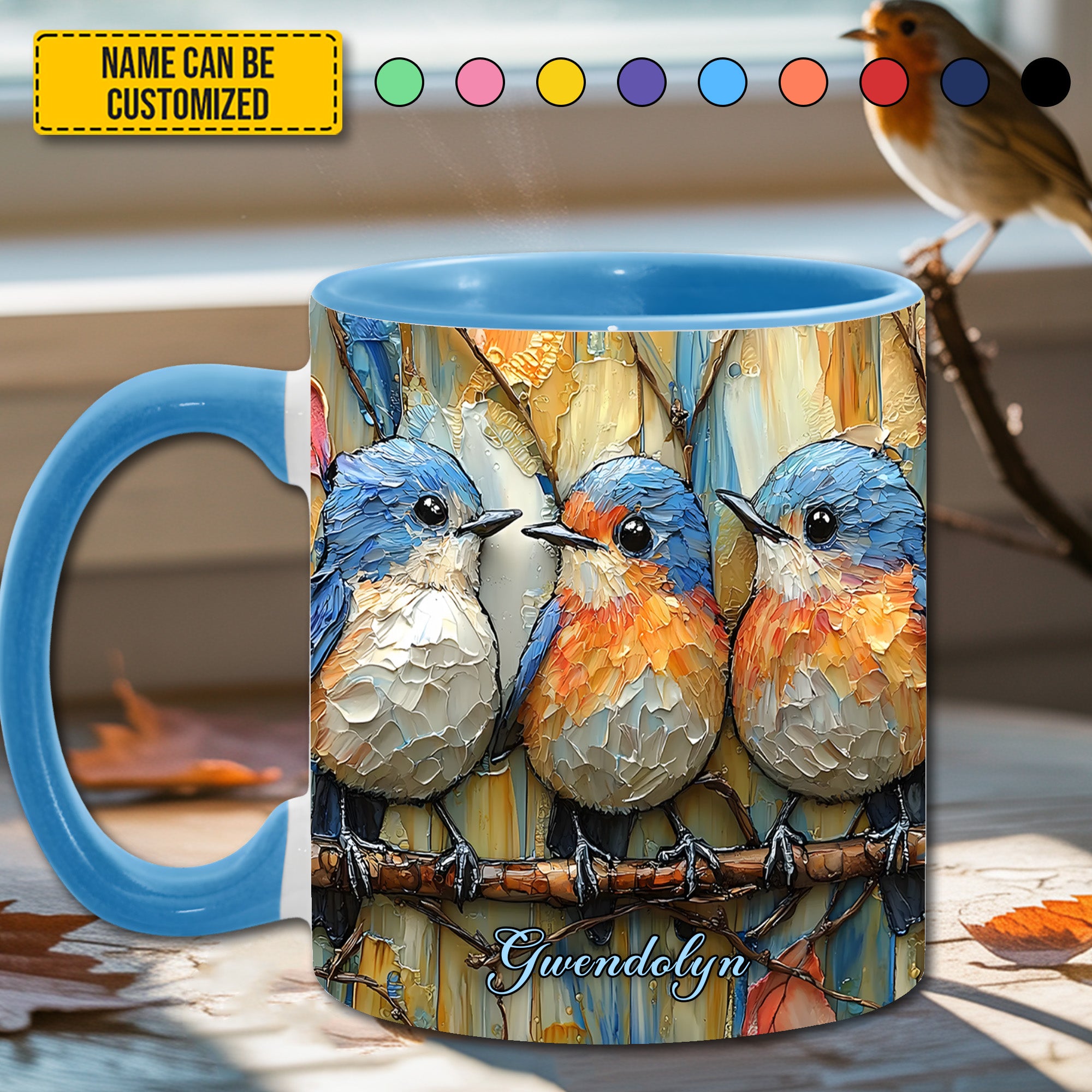 Personalized Bird Accent Mug Row Of Bluebirds Gift For Girlfriends