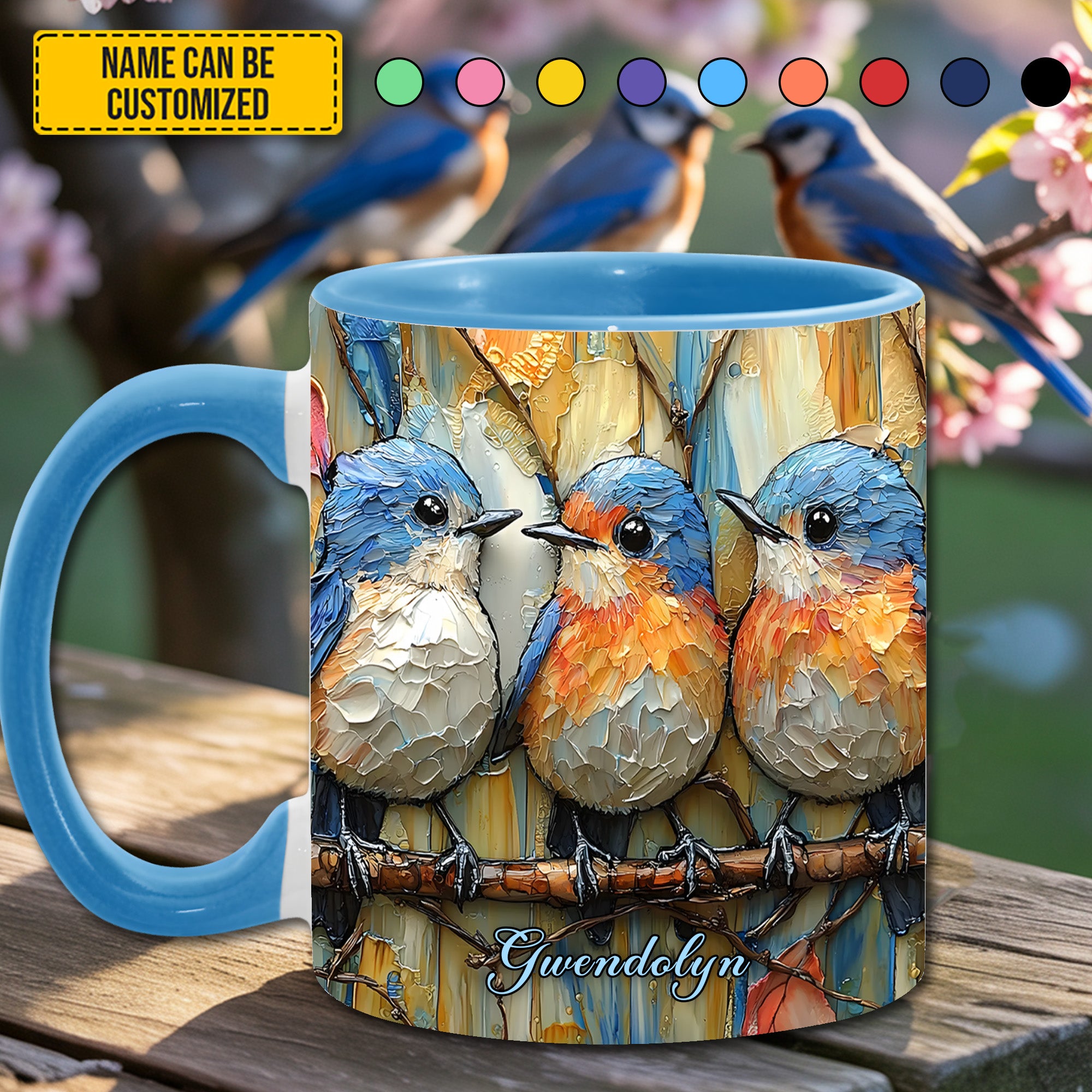 Personalized Bird Accent Mug Row Of Bluebirds Gift For Girlfriends - Image 3