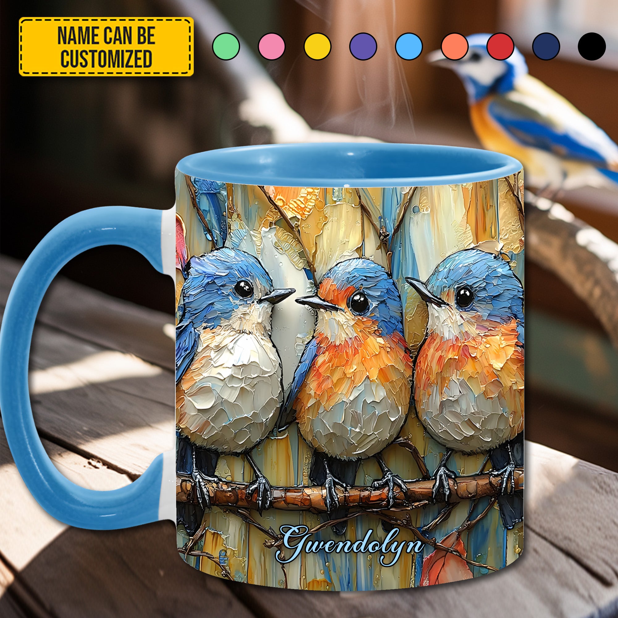 Personalized Bird Accent Mug Row Of Bluebirds Gift For Girlfriends - Image 2