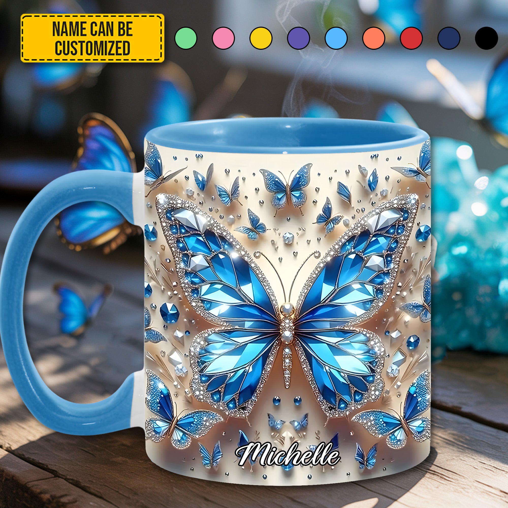 Personalized Blue Crystal Butterfly Accent Mug Best Butterfly Presents For Women