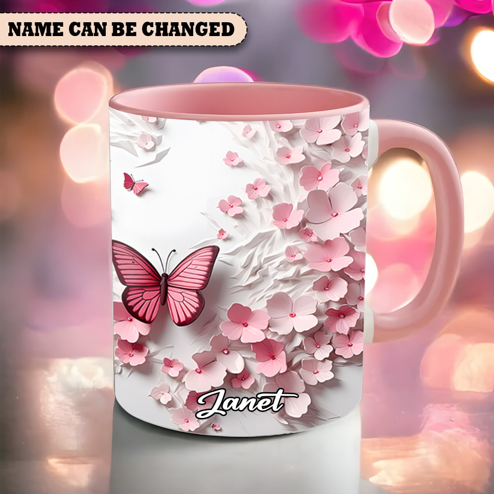 Personalized Butterfly Accent Mug Pink Butterfly With Flowers Butterfly Themed Gift Items - Image 3