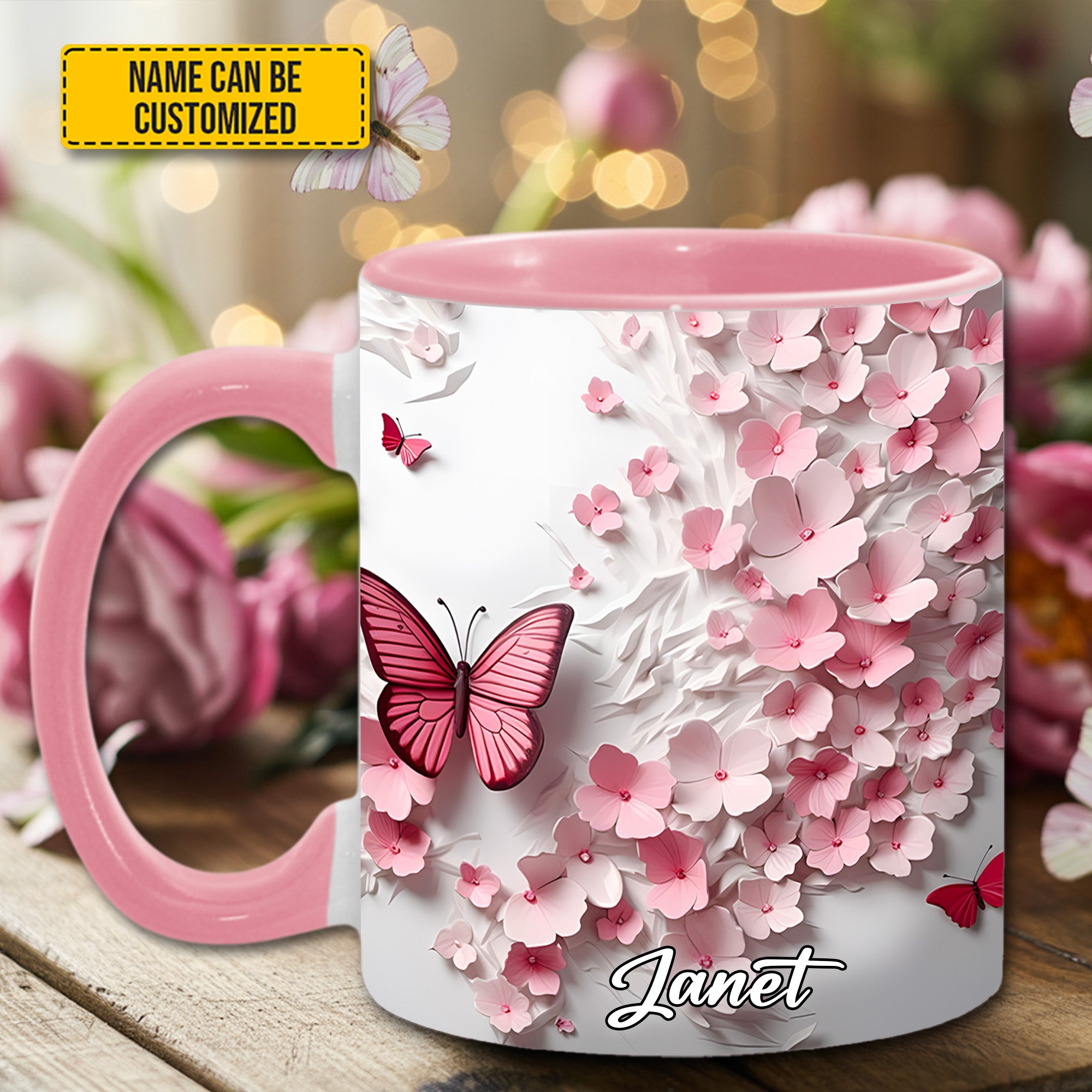 Personalized Butterfly Accent Mug Pink Butterfly With Flowers Butterfly Themed Gift Items - Image 2