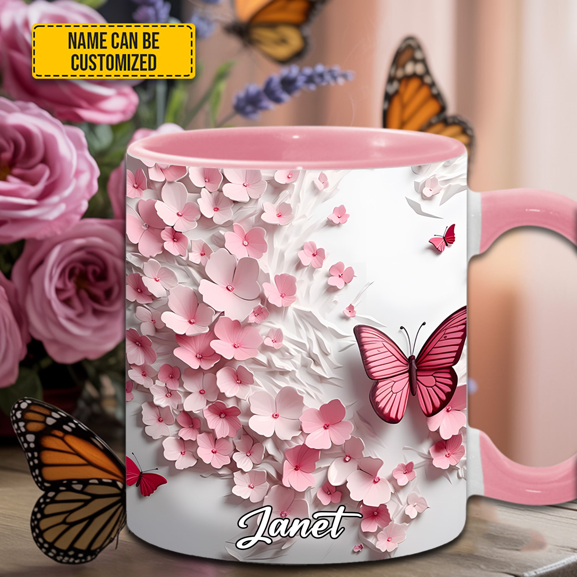 Personalized Butterfly Accent Mug Pink Butterfly With Flowers Butterfly Themed Gift Items - Image 5