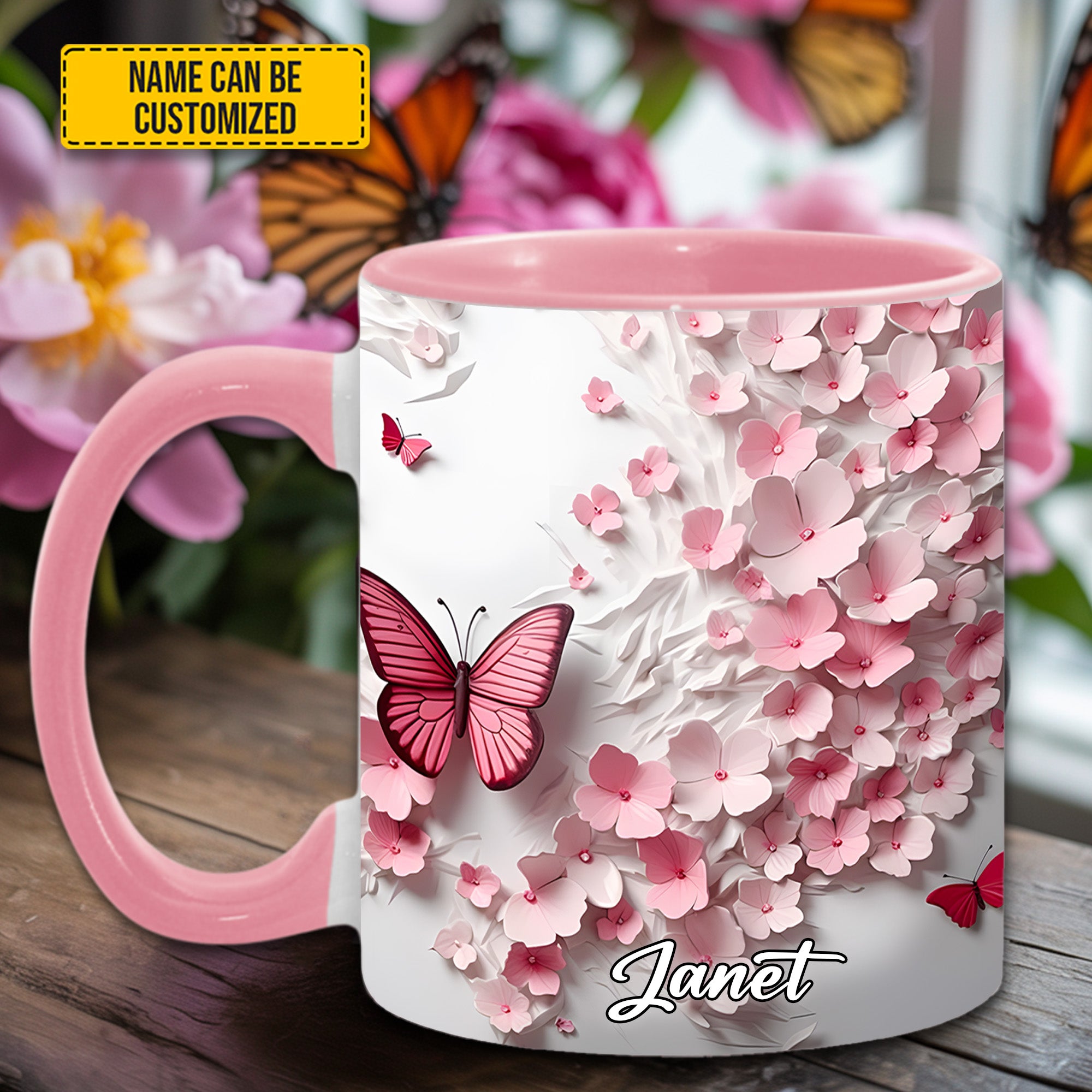 Personalized Butterfly Accent Mug Pink Butterfly With Flowers Butterfly Themed Gift Items