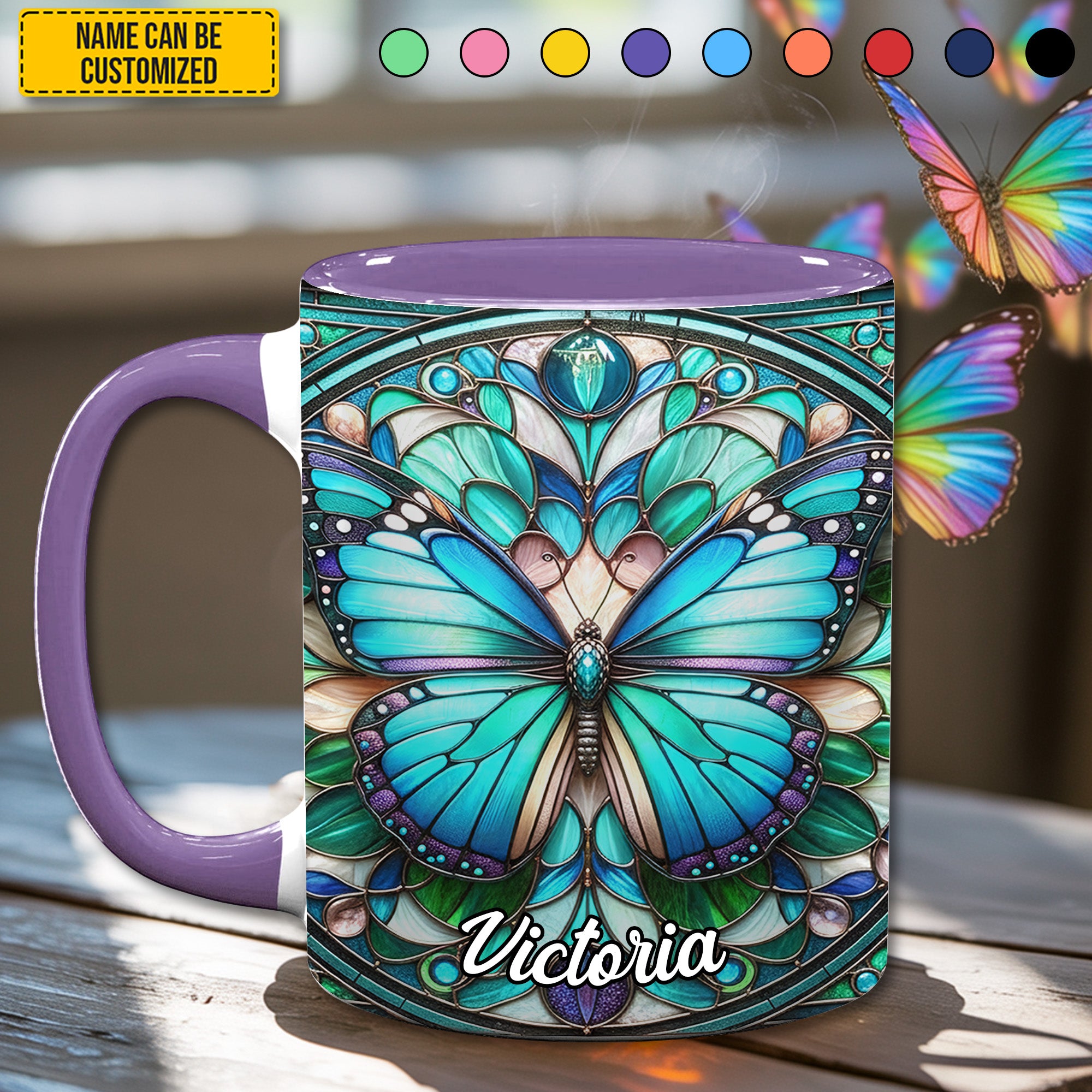 Personalized Butterfly Accent Mug Stained Glass Butterfly Butterfly Gift Ideas For Lovers - Image 2