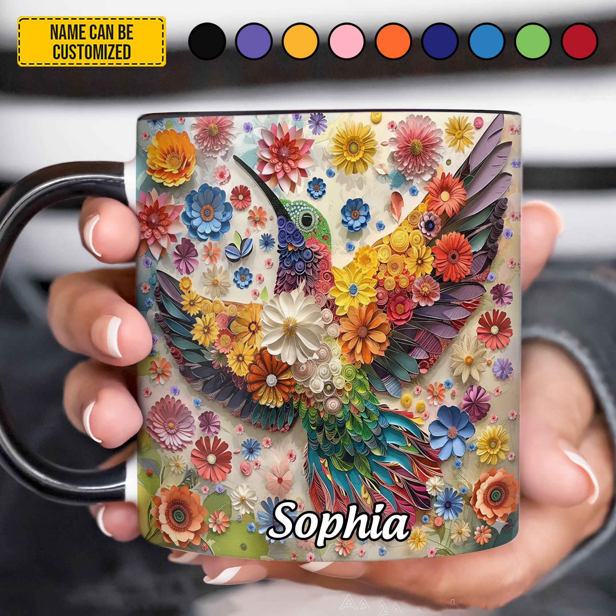 Personalized Colorful Flowers Hummingbird Accent Mug Gifts For Hummingbird Watchers - Image 2