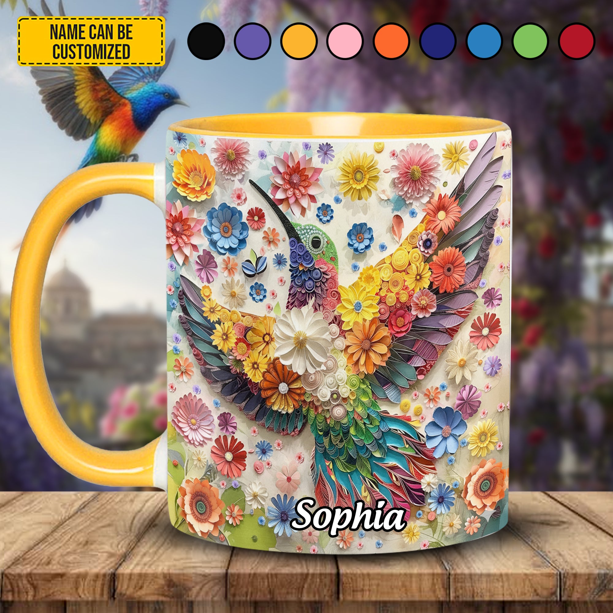 Personalized Colorful Flowers Hummingbird Accent Mug Gifts For Hummingbird Watchers