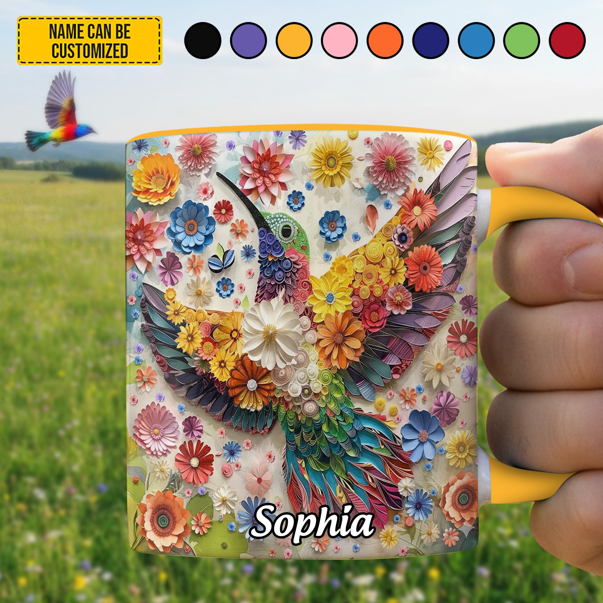 Personalized Colorful Flowers Hummingbird Accent Mug Gifts For Hummingbird Watchers - Image 4