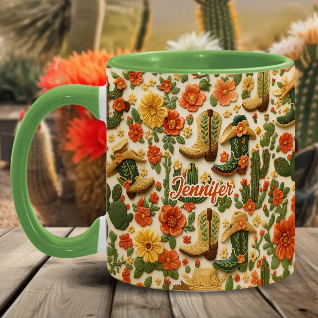 Personalized Cowgirl Accent Mug Cowgirl Boots Cactus Gift For Country Cowgirls