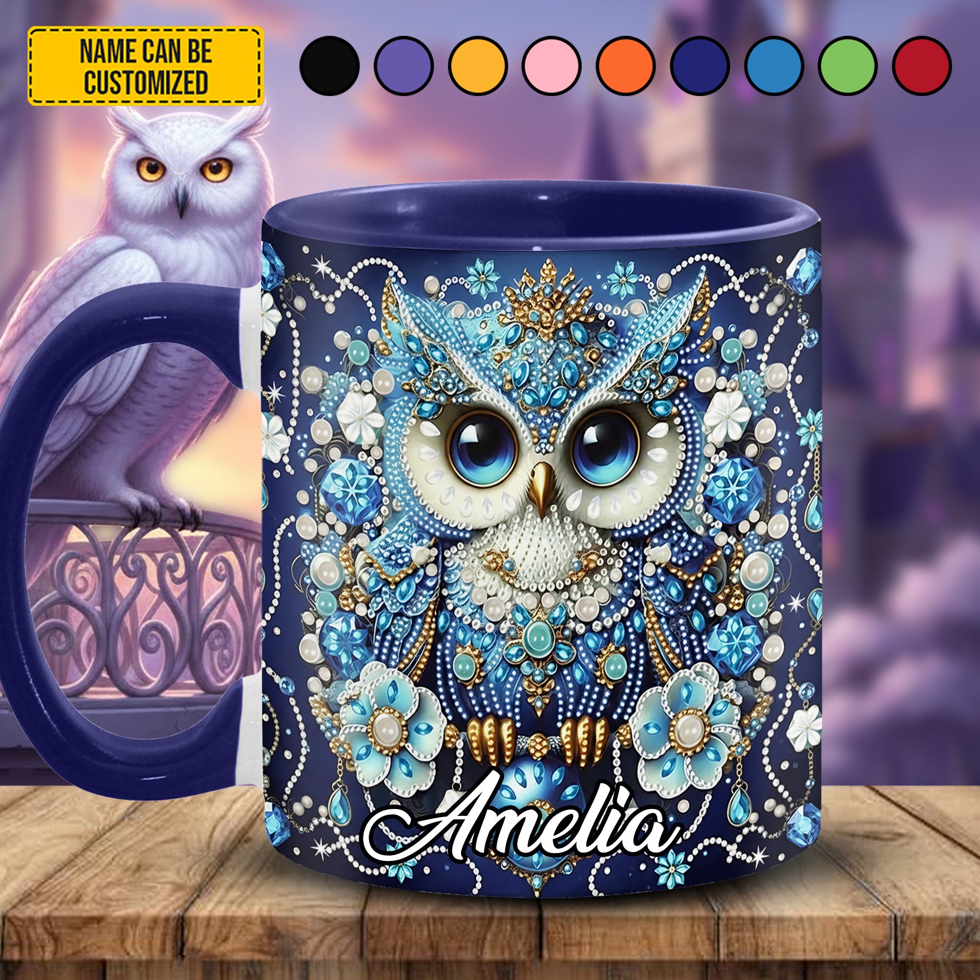 Personalized Crystal Blue Owl Accent Mug Unique Owl Gift Items