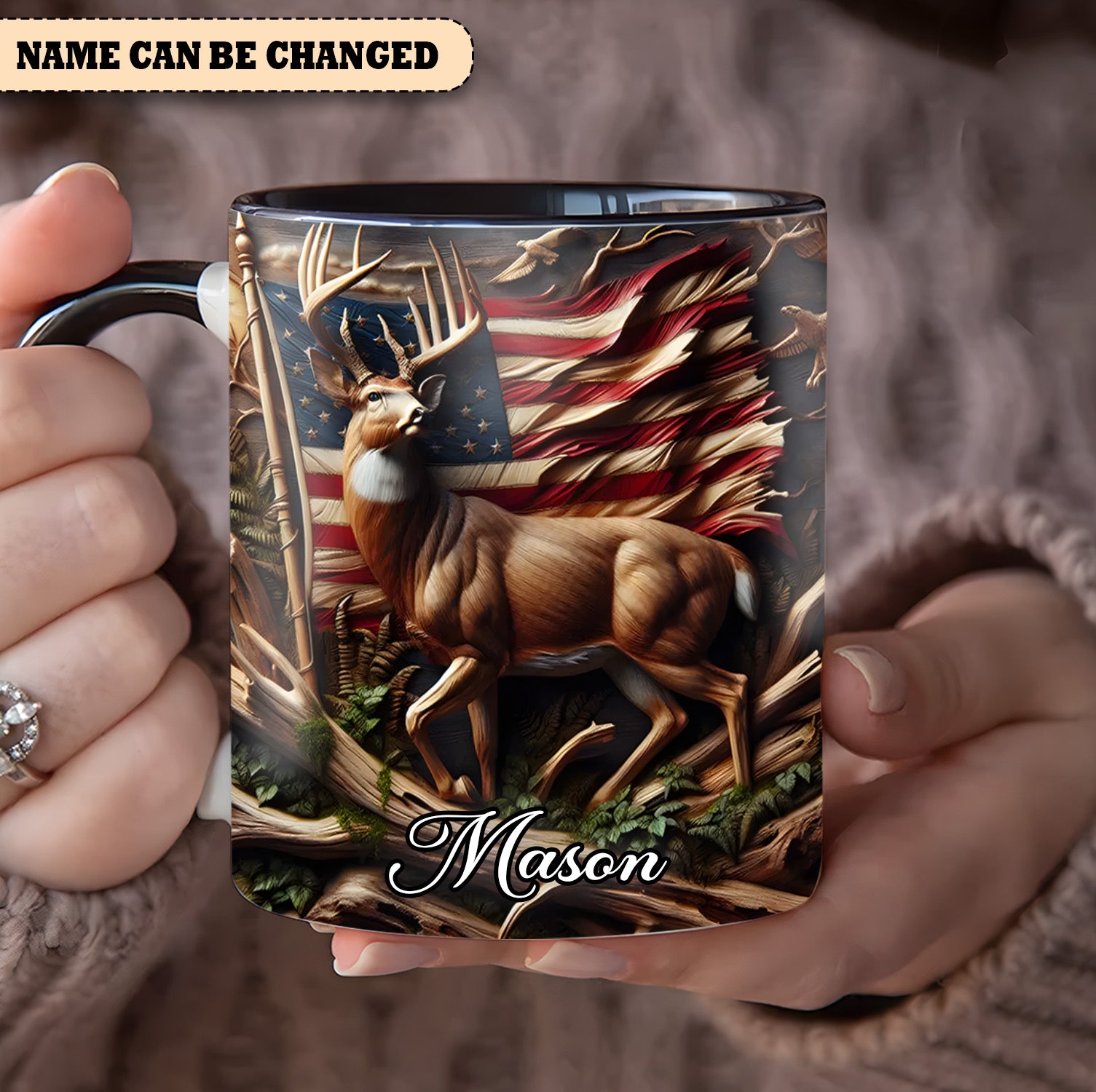 Personalized Deer & American Flag Accent Mug Unique Gift For Him Her - Image 2