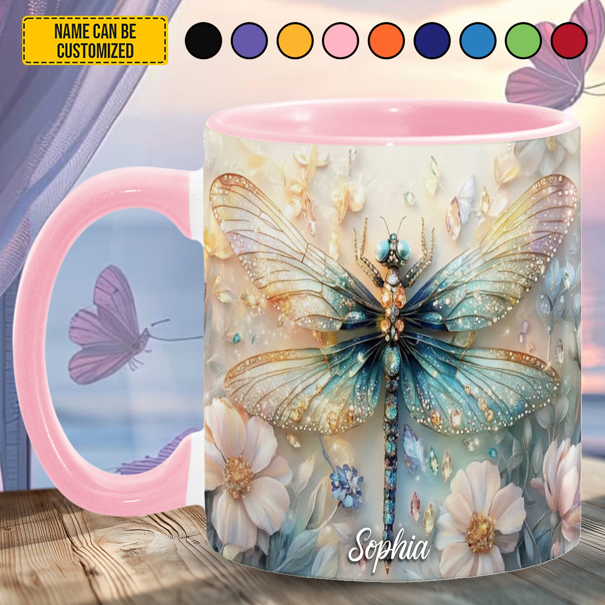 Personalized Dragonfly Accent Mug Colorful Dragonfly Flowers Best Dragonfly Christmas Gifts - Image 3