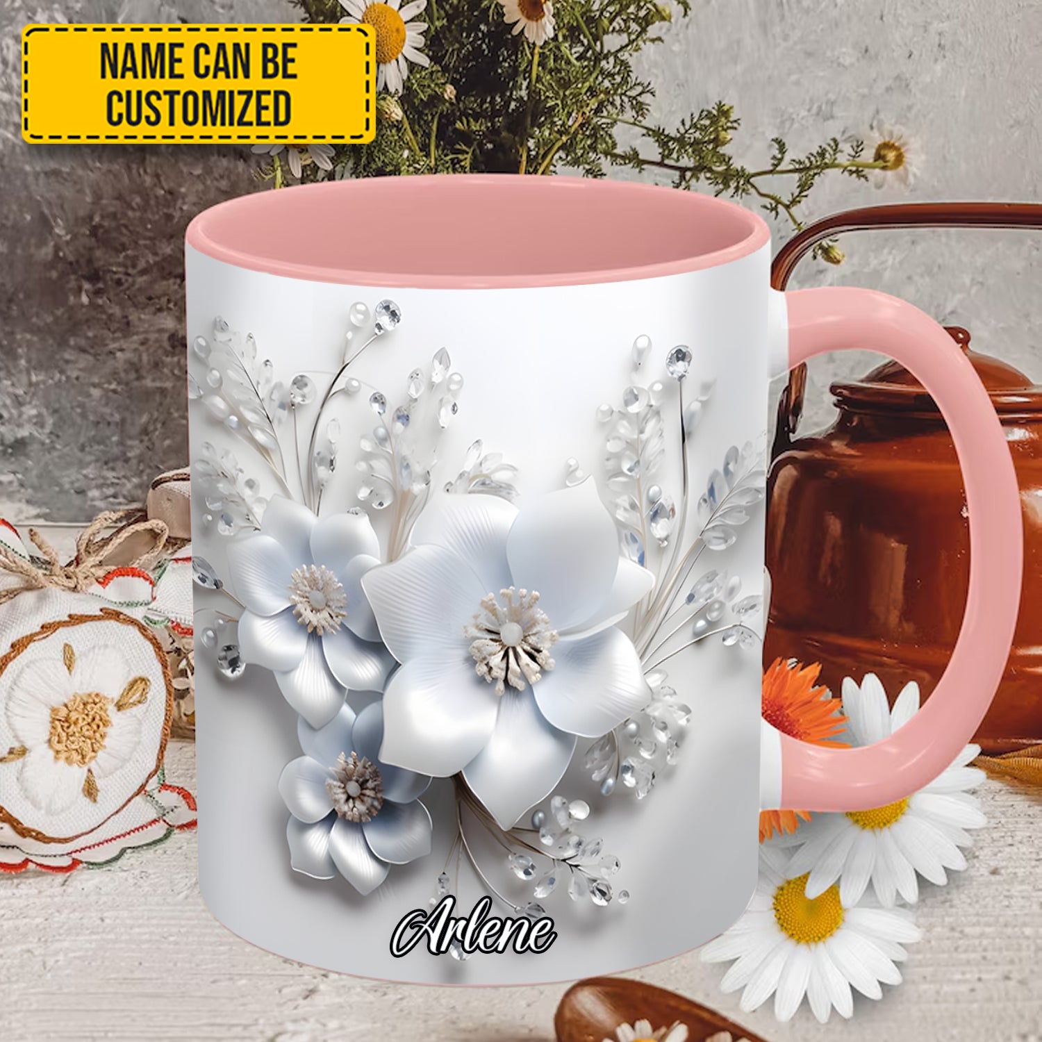 Personalized Flower Accent Mug White Flowers Flower Birthday Gifts - Image 2