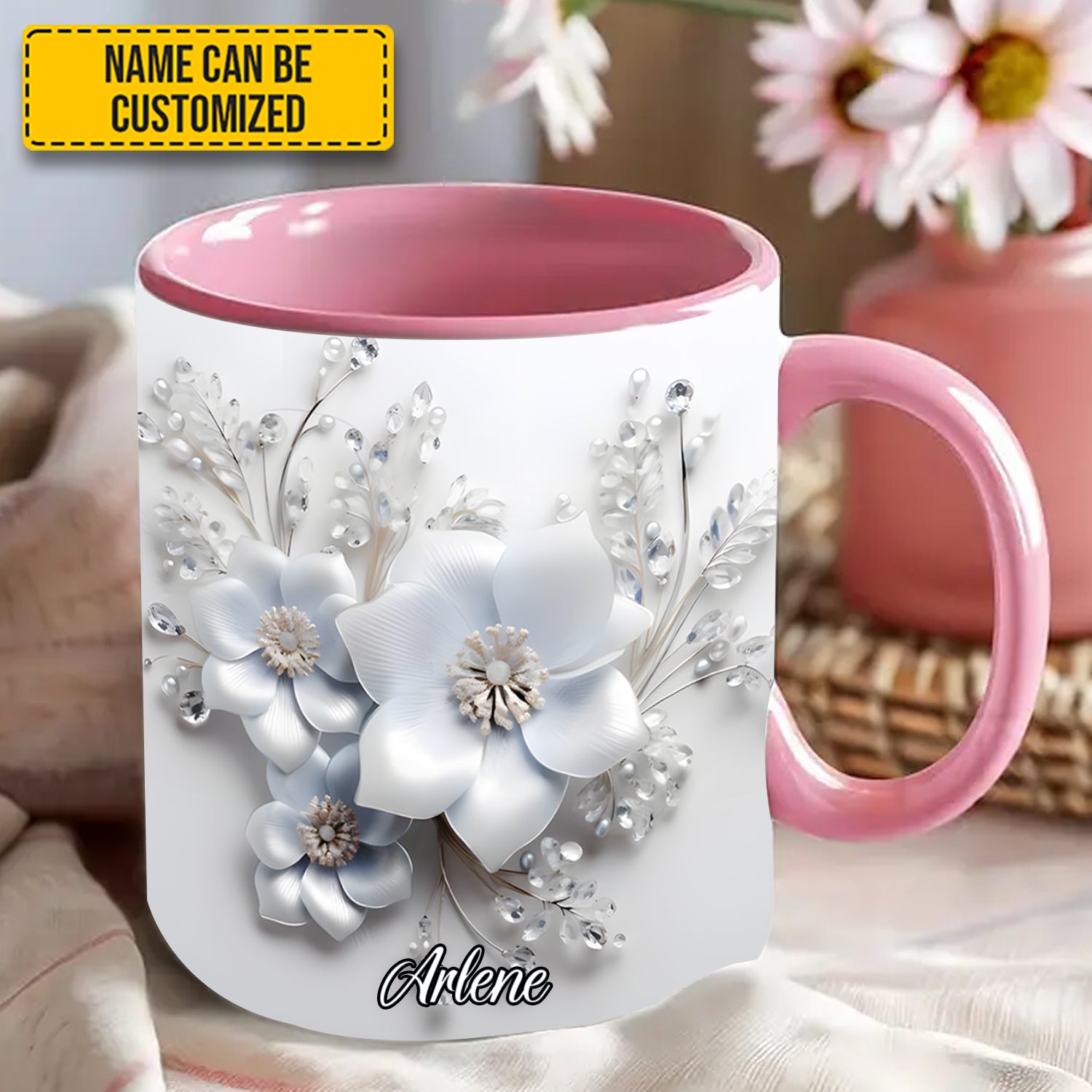 Personalized Flower Accent Mug White Flowers Flower Birthday Gifts