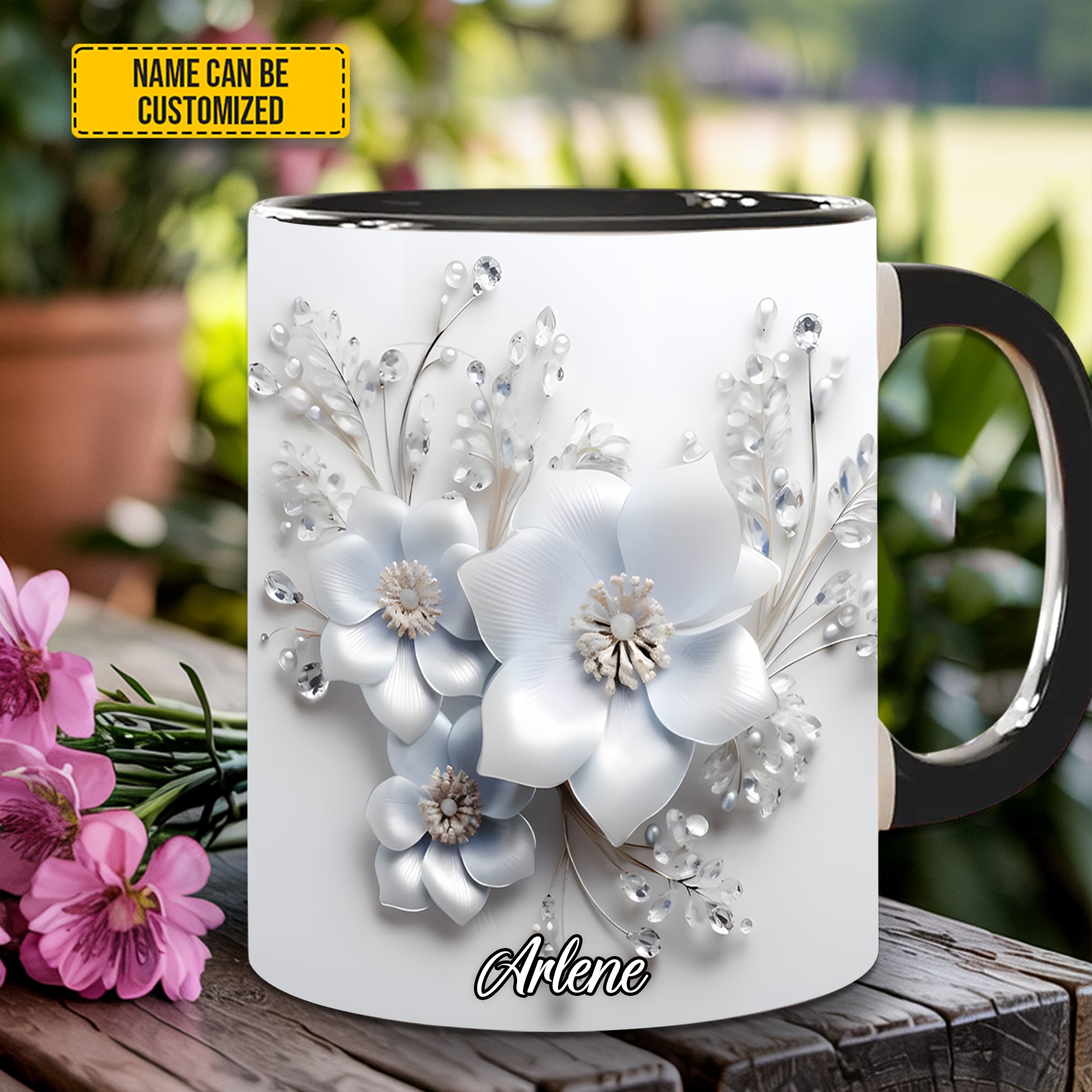 Personalized Flower Accent Mug White Flowers Flower Birthday Gifts - Image 4