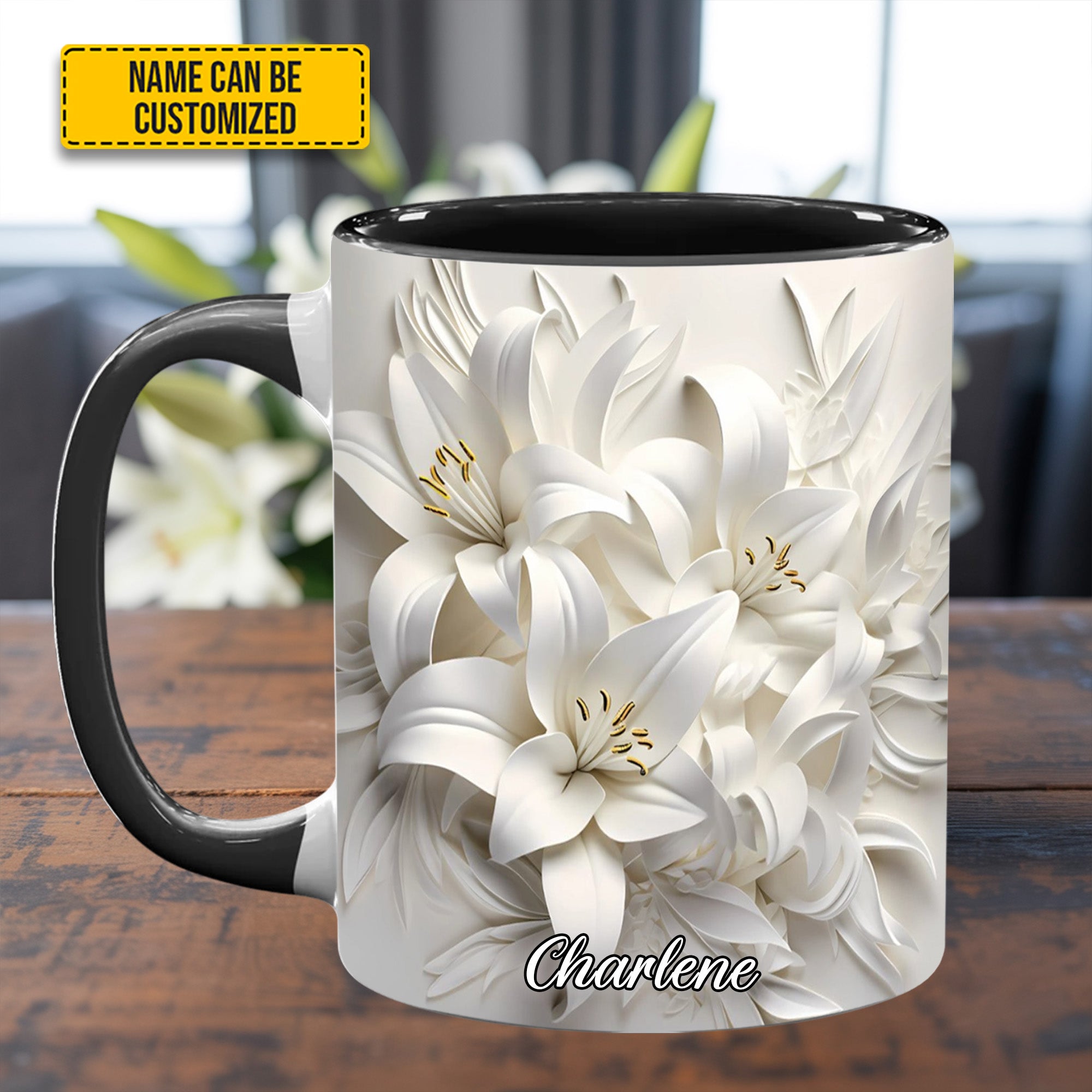 Personalized Flower Accent Mug White Lilies Flowers Flower Mother's Day Gifts - Image 3