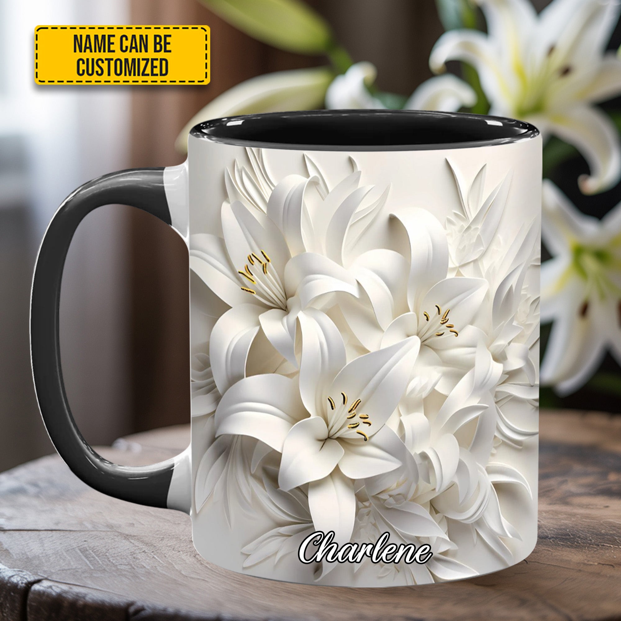 Personalized Flower Accent Mug White Lilies Flowers Flower Mother's Day Gifts
