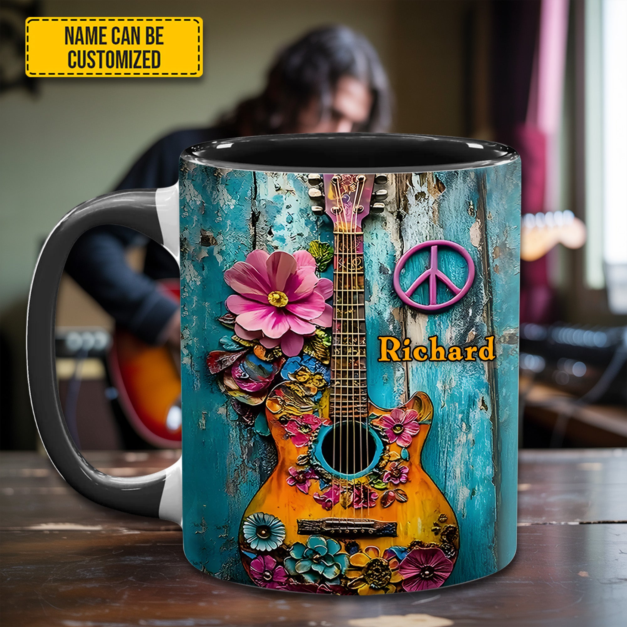 Personalized Guitar Accent Mug Guitar Flower Hippie Flower Items For Gifts