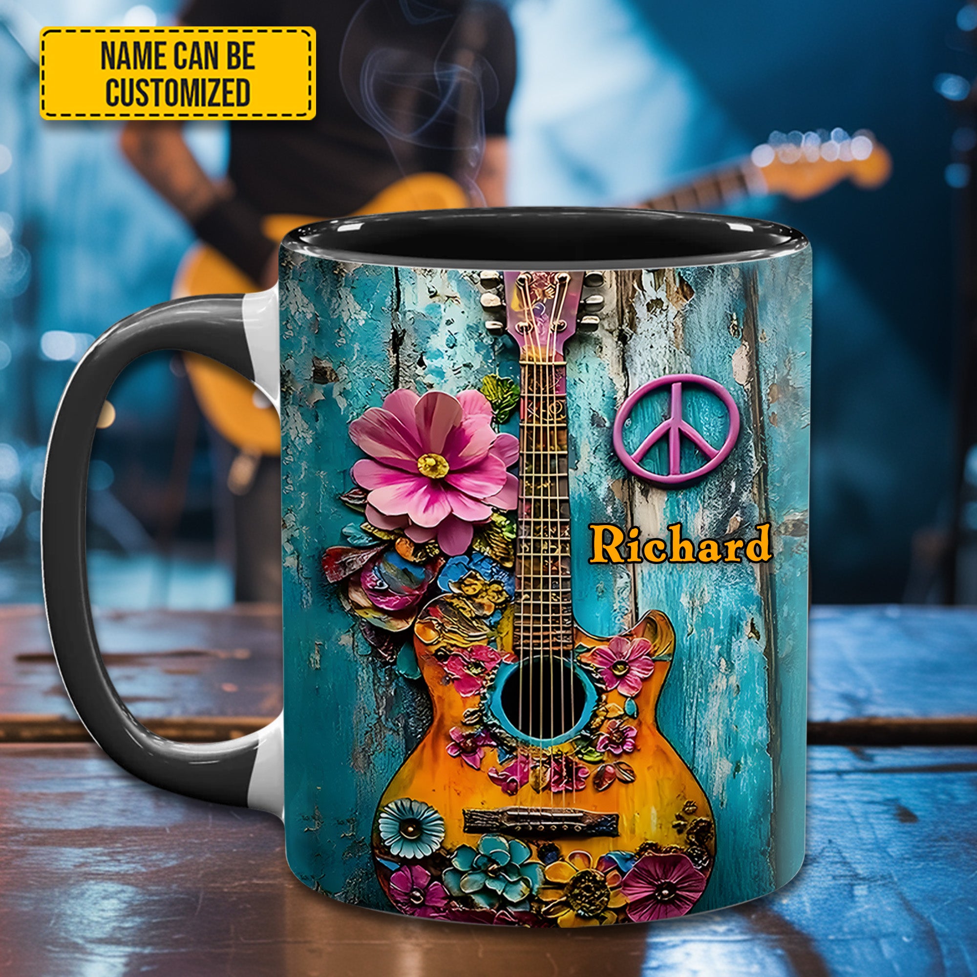 Personalized Guitar Accent Mug Guitar Flower Hippie Flower Items For Gifts - Image 3