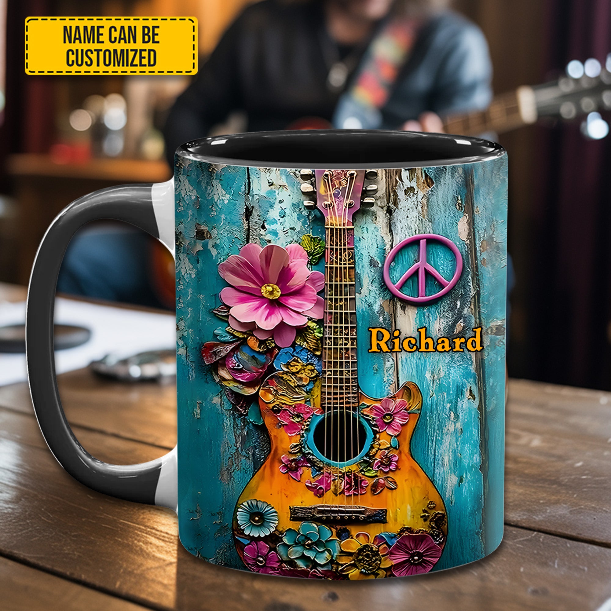Personalized Guitar Accent Mug Guitar Flower Hippie Flower Items For Gifts - Image 2