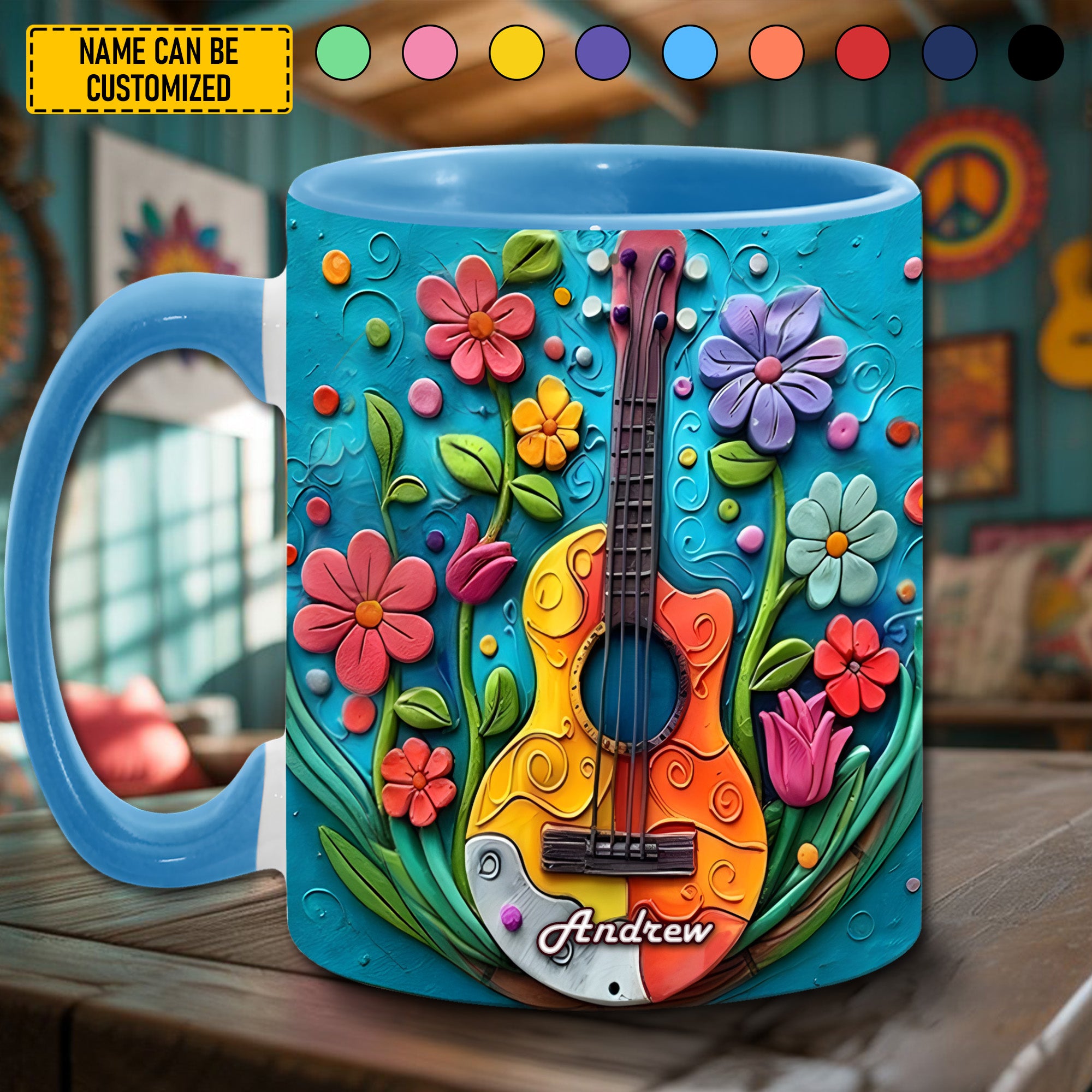 Personalized Guitar Accent Mug Guitar Flowers Gifts For Acoustic Guitar Players - Image 2