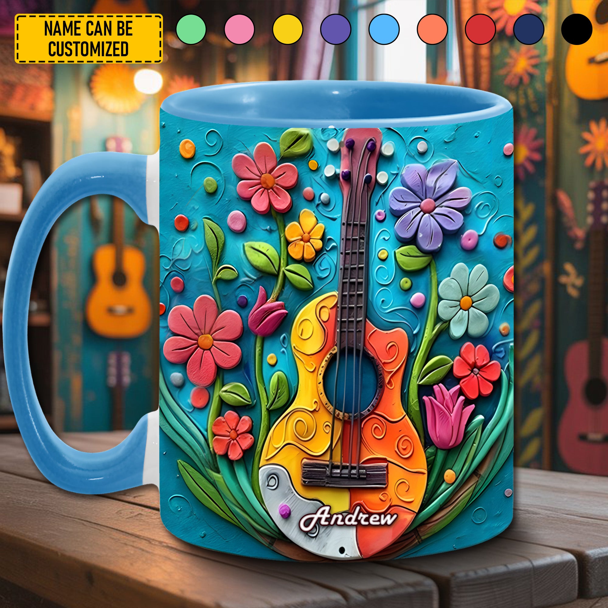 Personalized Guitar Accent Mug Guitar Flowers Gifts For Acoustic Guitar Players