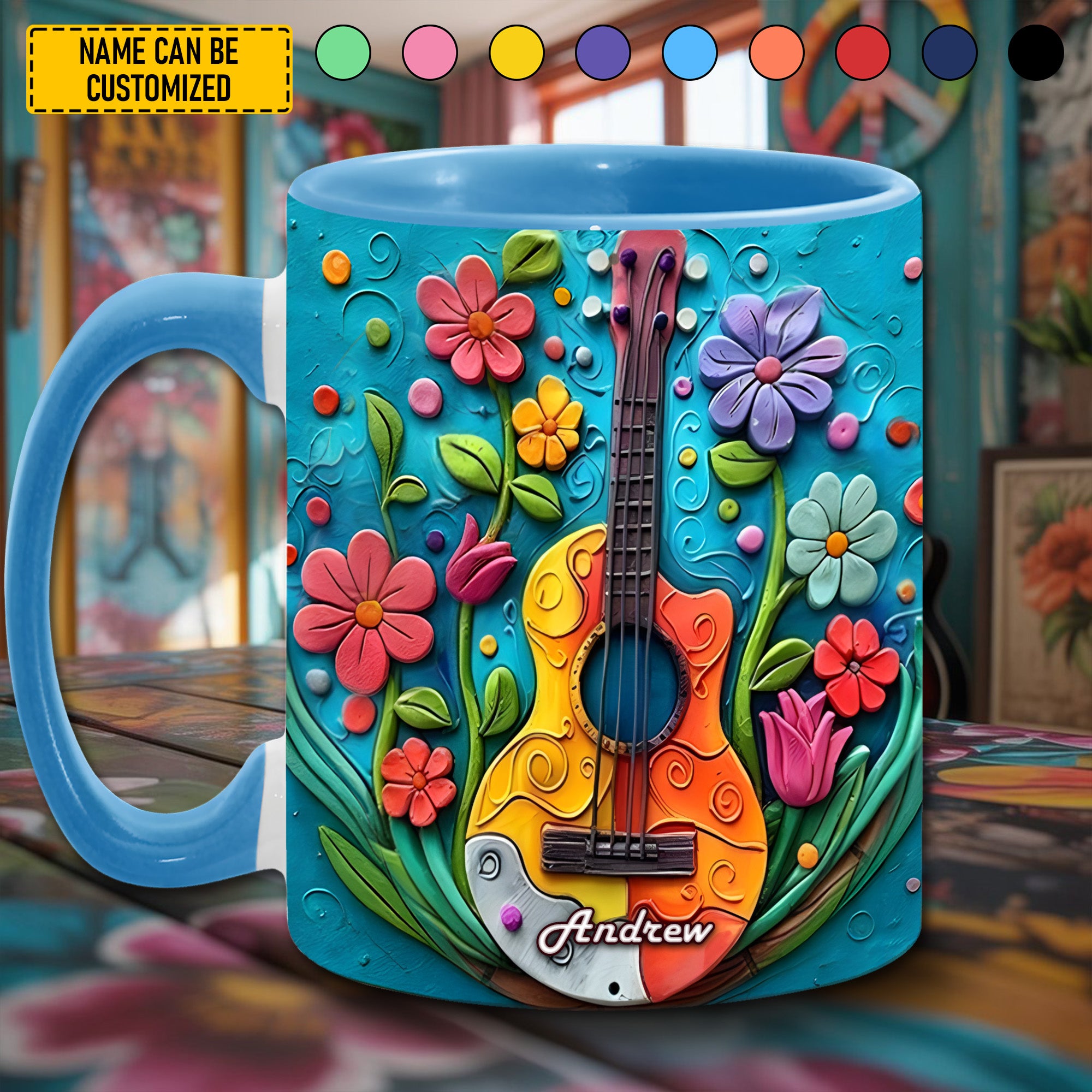 Personalized Guitar Accent Mug Guitar Flowers Gifts For Acoustic Guitar Players - Image 3