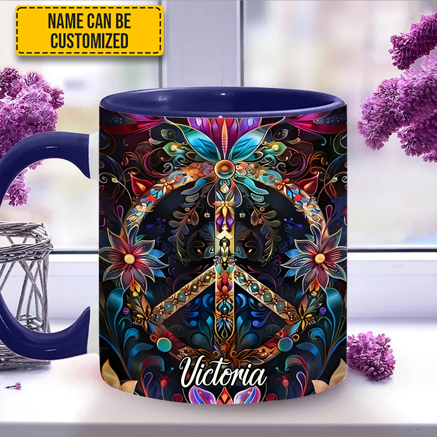 Personalized Hippie Accent Mug Peace & Love Symbol Hippie Gifts Ideas For Her