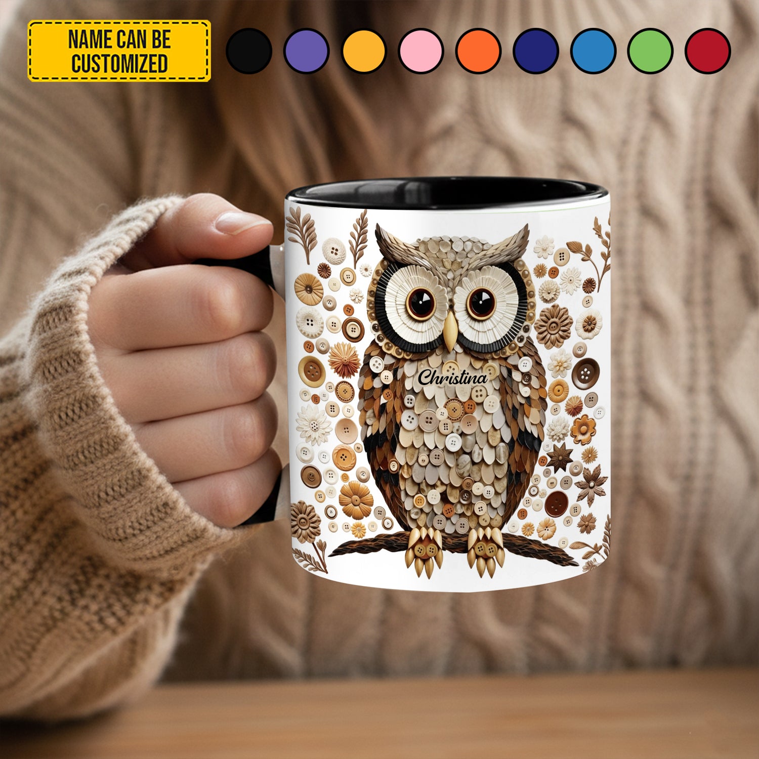 Personalized Owl Accent Mug Button Art Owl Owl Gift Ideas For Men - Image 4