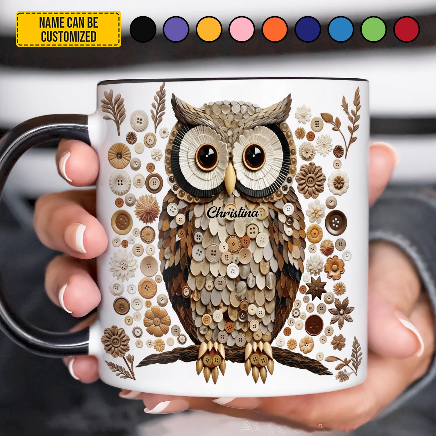 Personalized Owl Accent Mug Button Art Owl Owl Gift Ideas For Men - Image 2