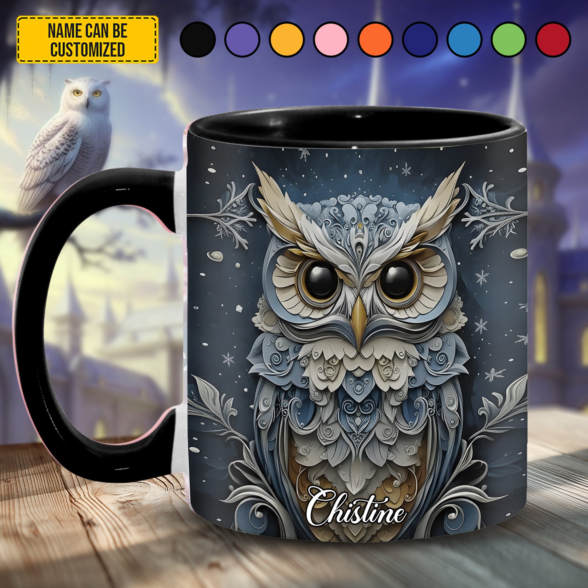 Personalized Owl Accent Mug Snowflake Winter Owl Best Unique Gifts For Owl Lovers - Image 2