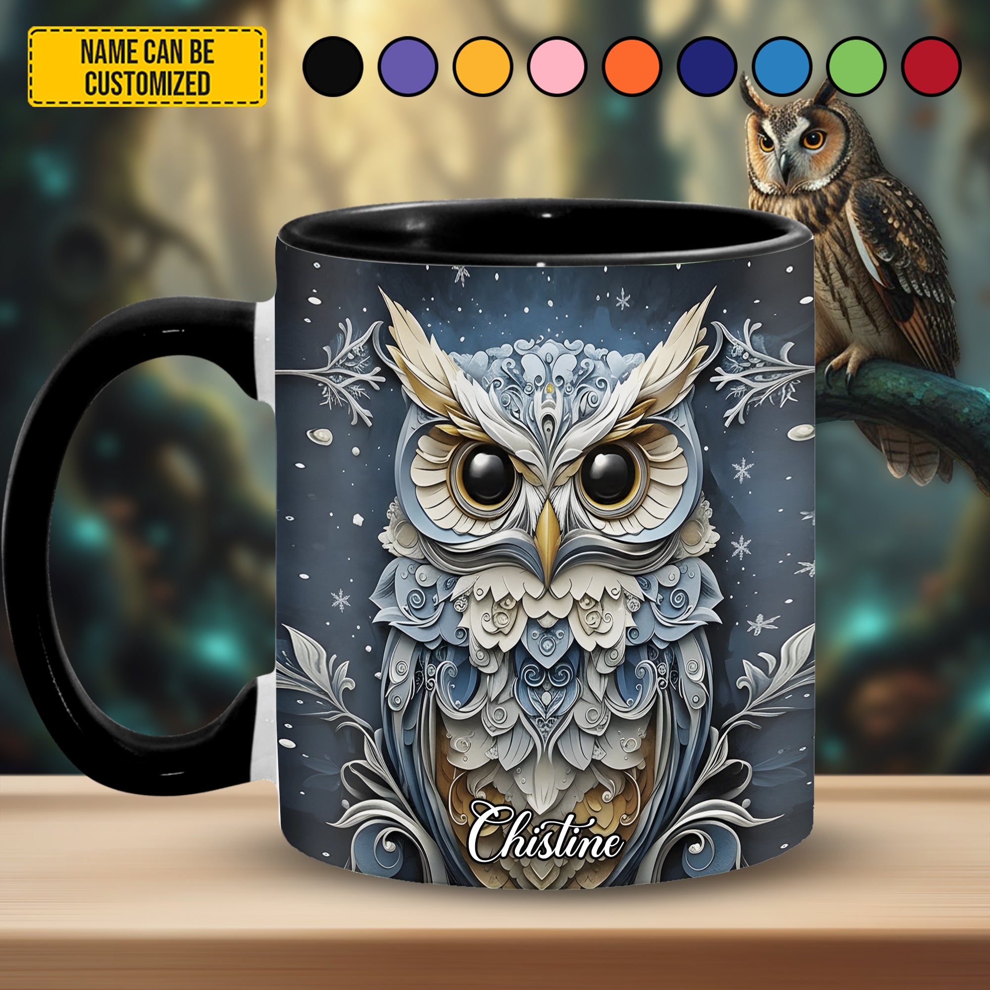 Personalized Owl Accent Mug Snowflake Winter Owl Best Unique Gifts For Owl Lovers