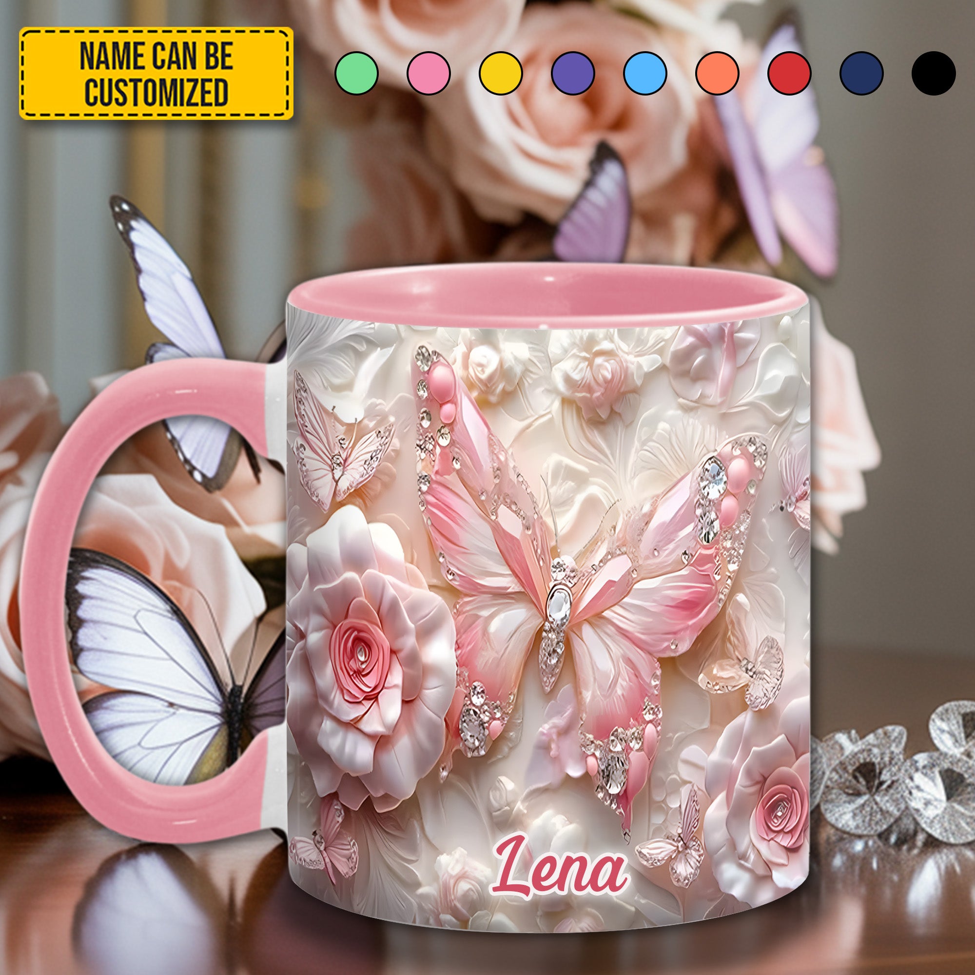 Personalized Pink Butterfly & Flower Accent Mug Flower Gifts For Women - Image 4
