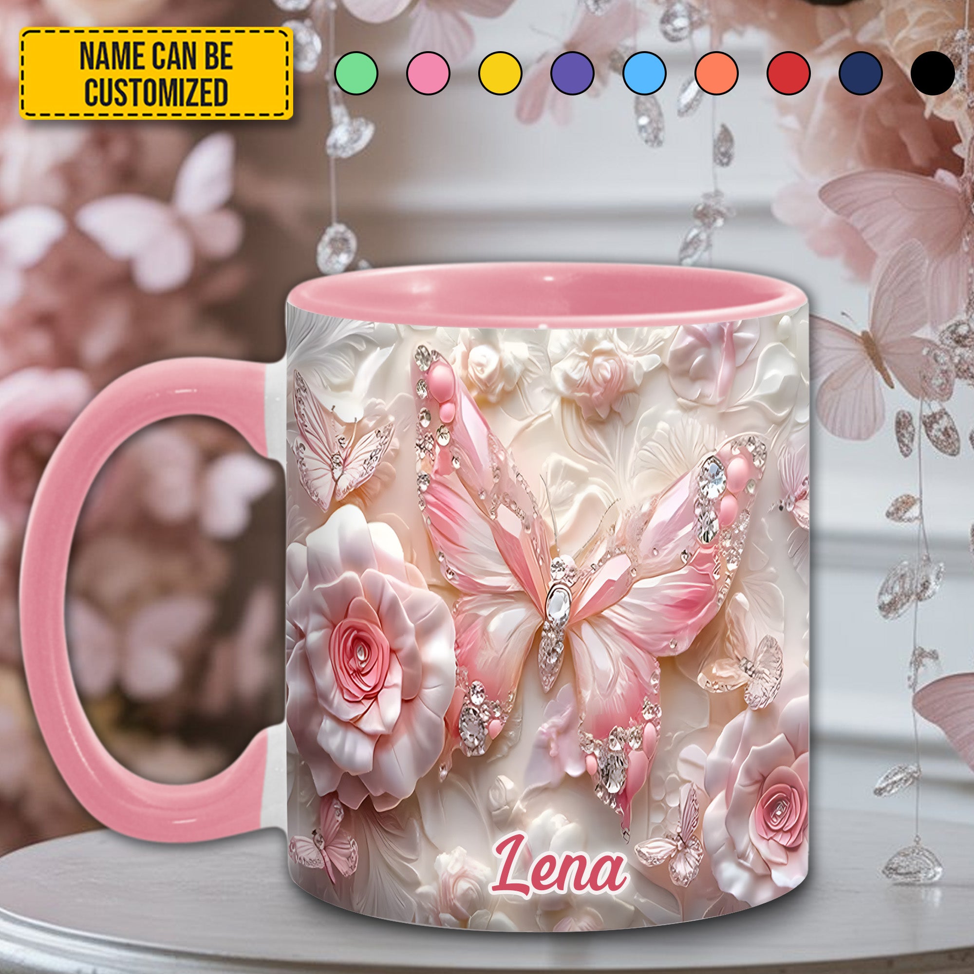 Personalized Pink Butterfly & Flower Accent Mug Flower Gifts For Women