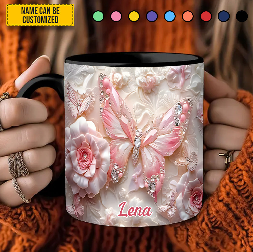Personalized Pink Butterfly & Flower Accent Mug Flower Gifts For Women - Image 2