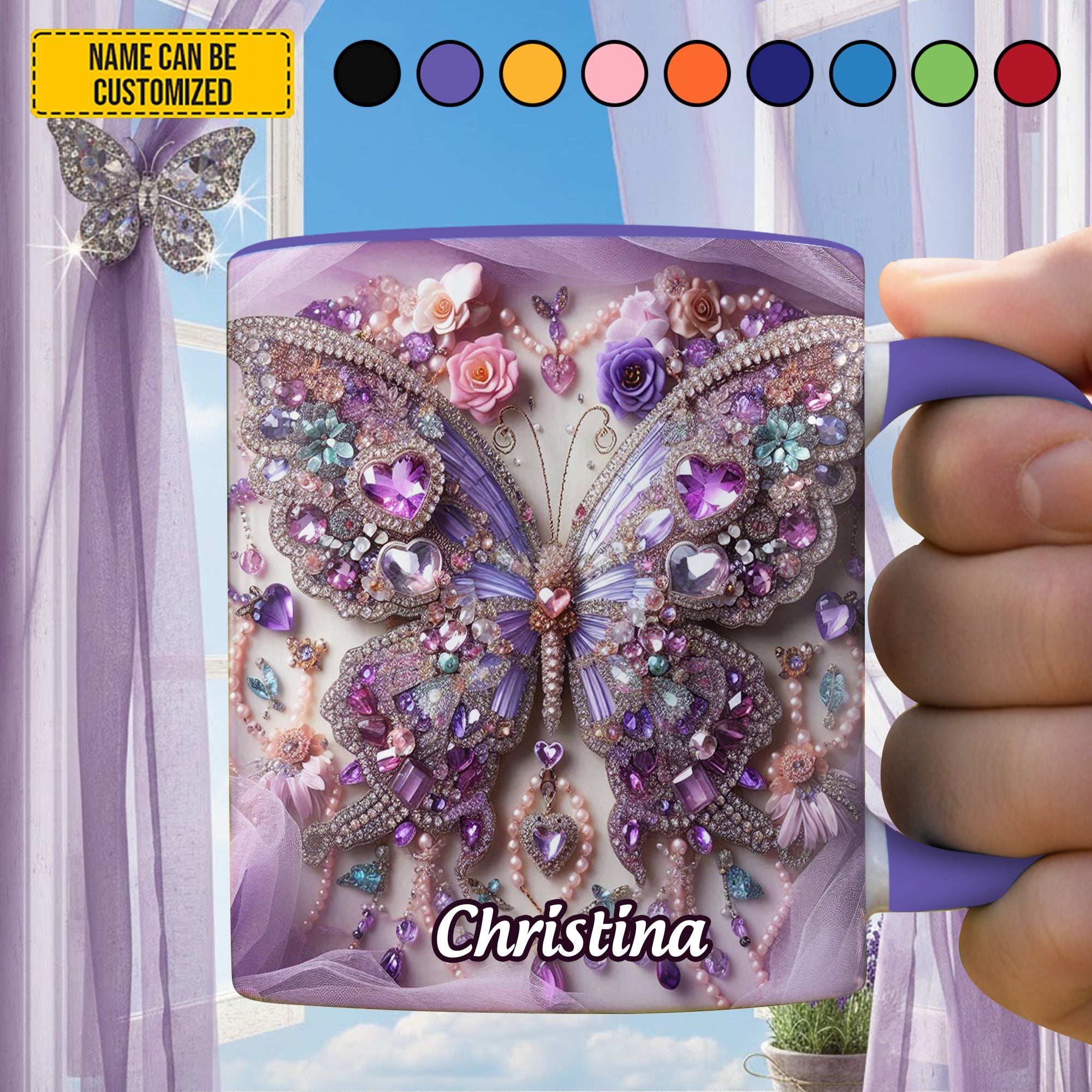 Personalized Sparkle Butterfly & Flower Accent Mug Flower Gifts For Her - Image 3