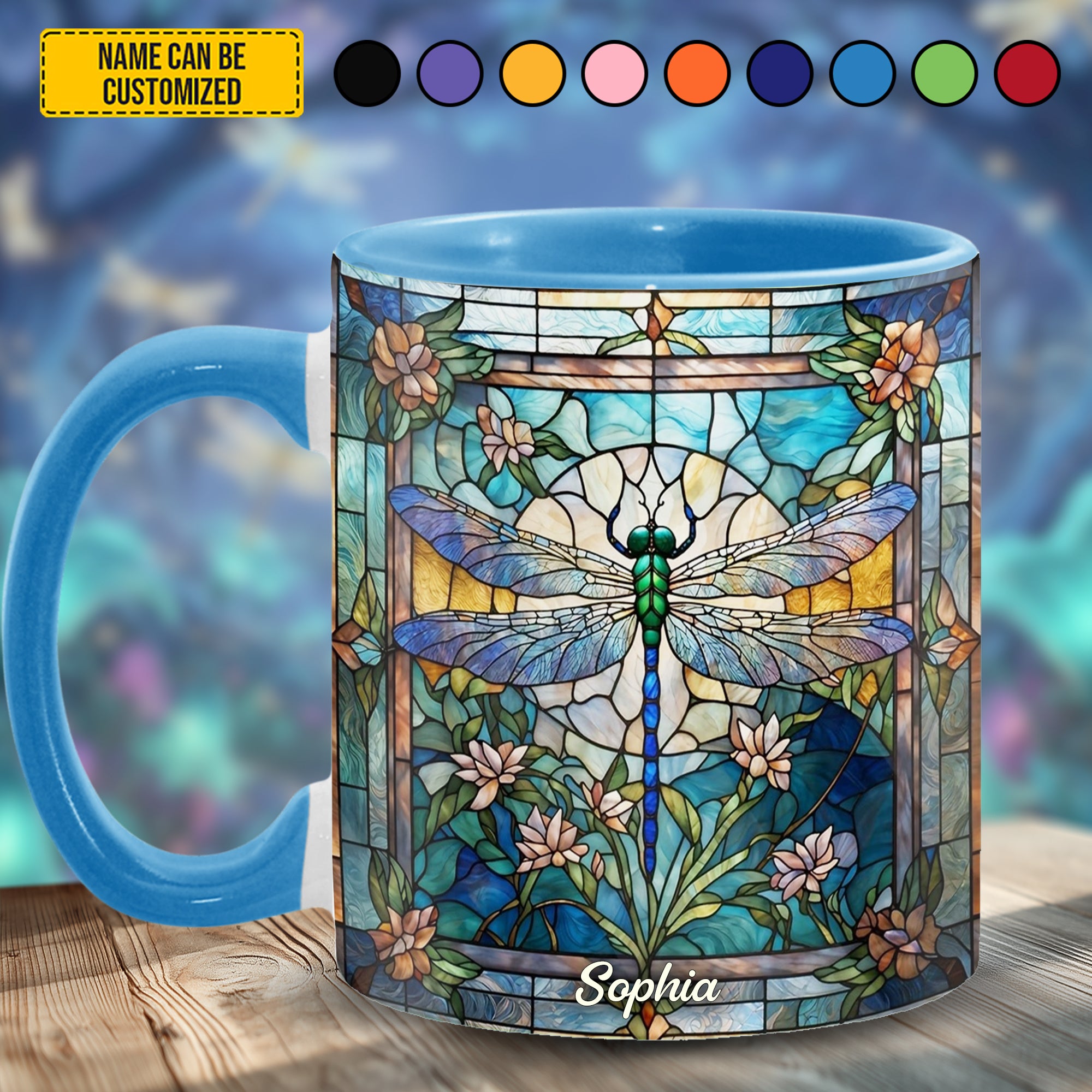 Personalized Stained Glass Dragonfly Accent Mug Presents For Dragonfly Lovers Women