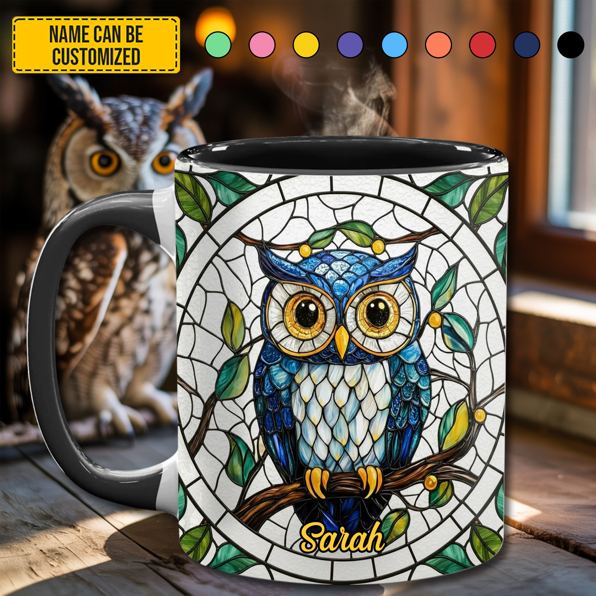 Personalized Stained Glass Owl Accent Mug Cute Owl Themed Gifts - Image 2