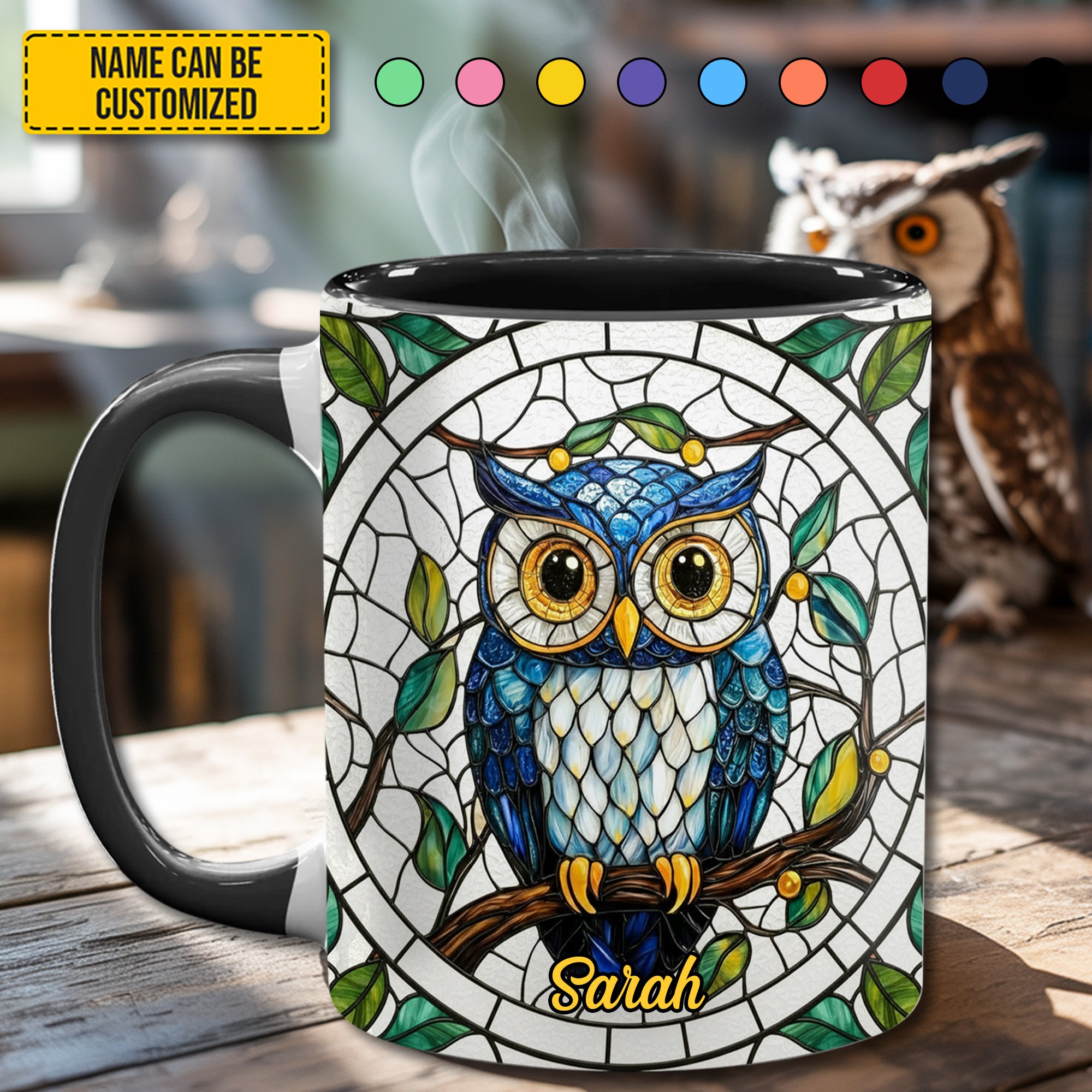 Personalized Stained Glass Owl Accent Mug Cute Owl Themed Gifts - Image 3