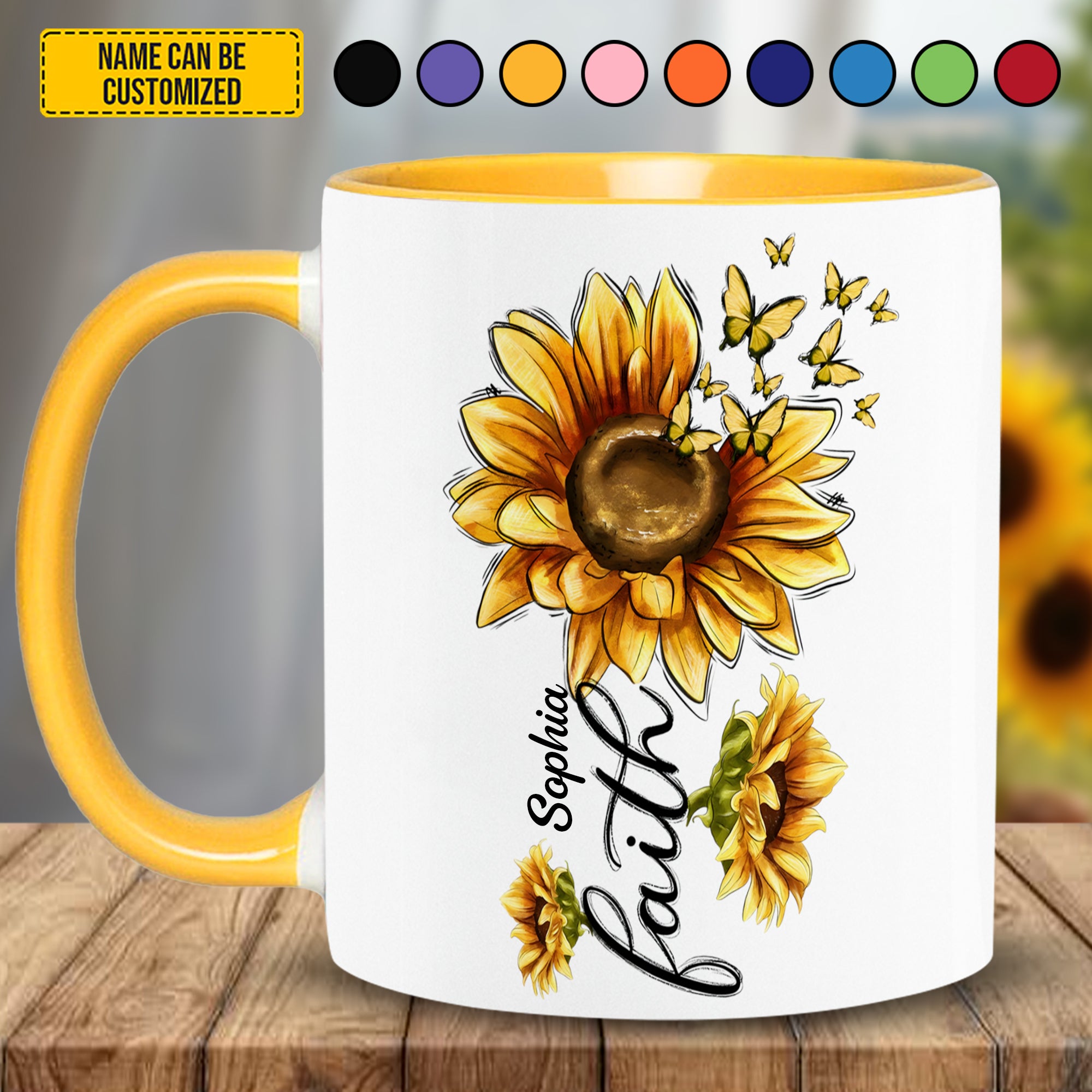 Personalized Sunflower Accent Mug Sunflower With Butterfly FAITH Sunflower Theme Gifts Merchandise - Image 2