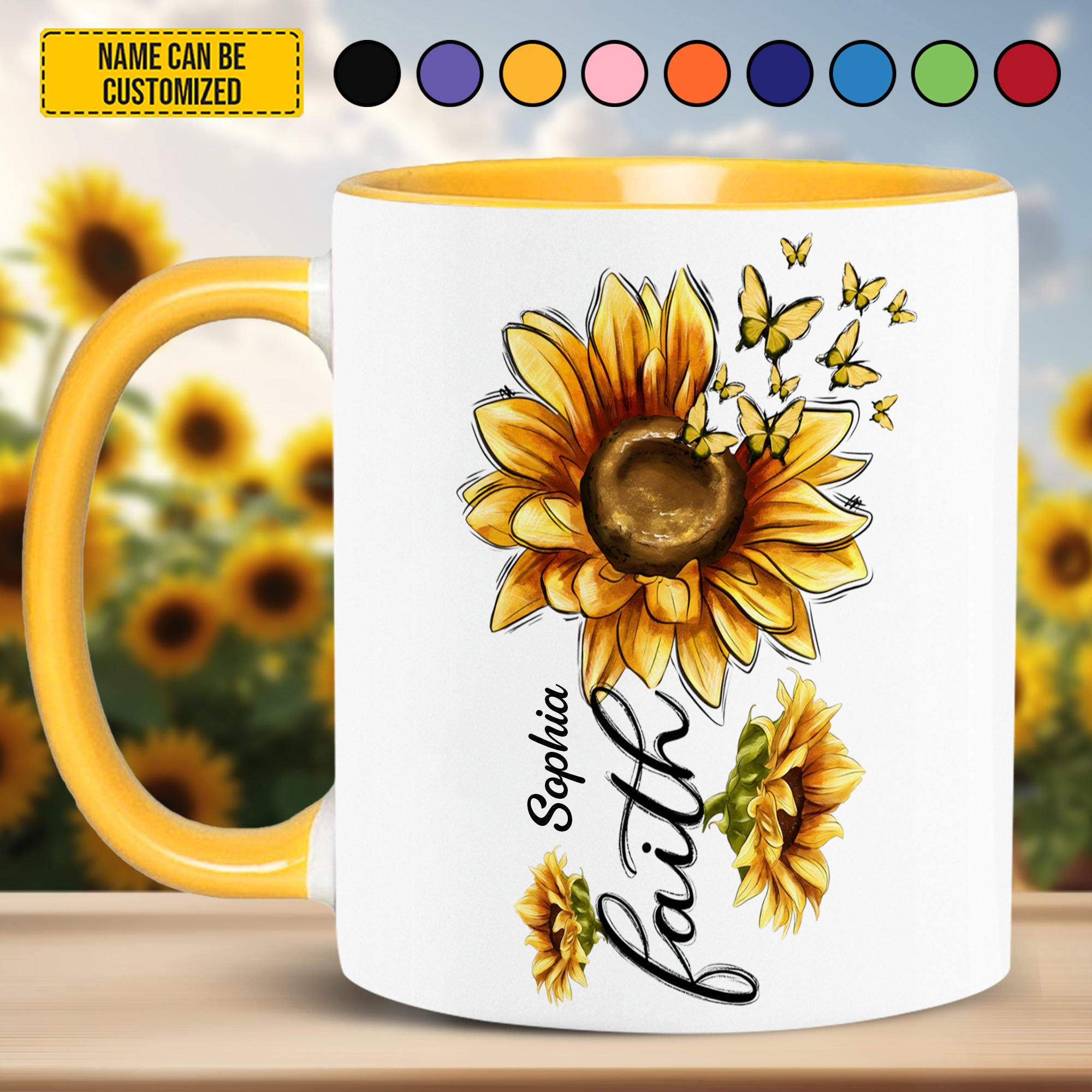 Personalized Sunflower Accent Mug Sunflower With Butterfly FAITH Sunflower Theme Gifts Merchandise