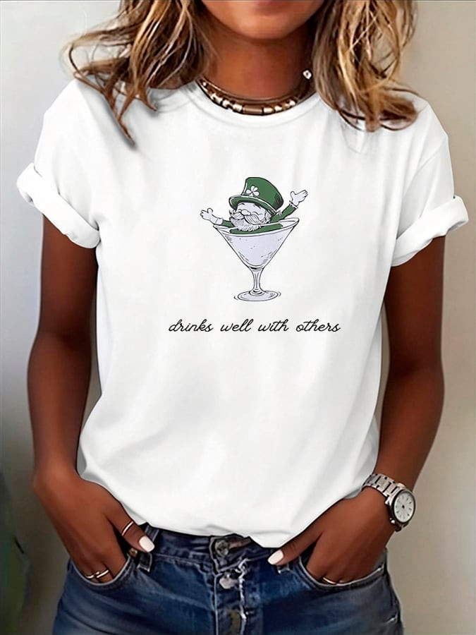 St Patrick's Day Drinks Well With Others T Shirt Leprechaun Cocktail Shirt Clover Tee Gift - Image 2